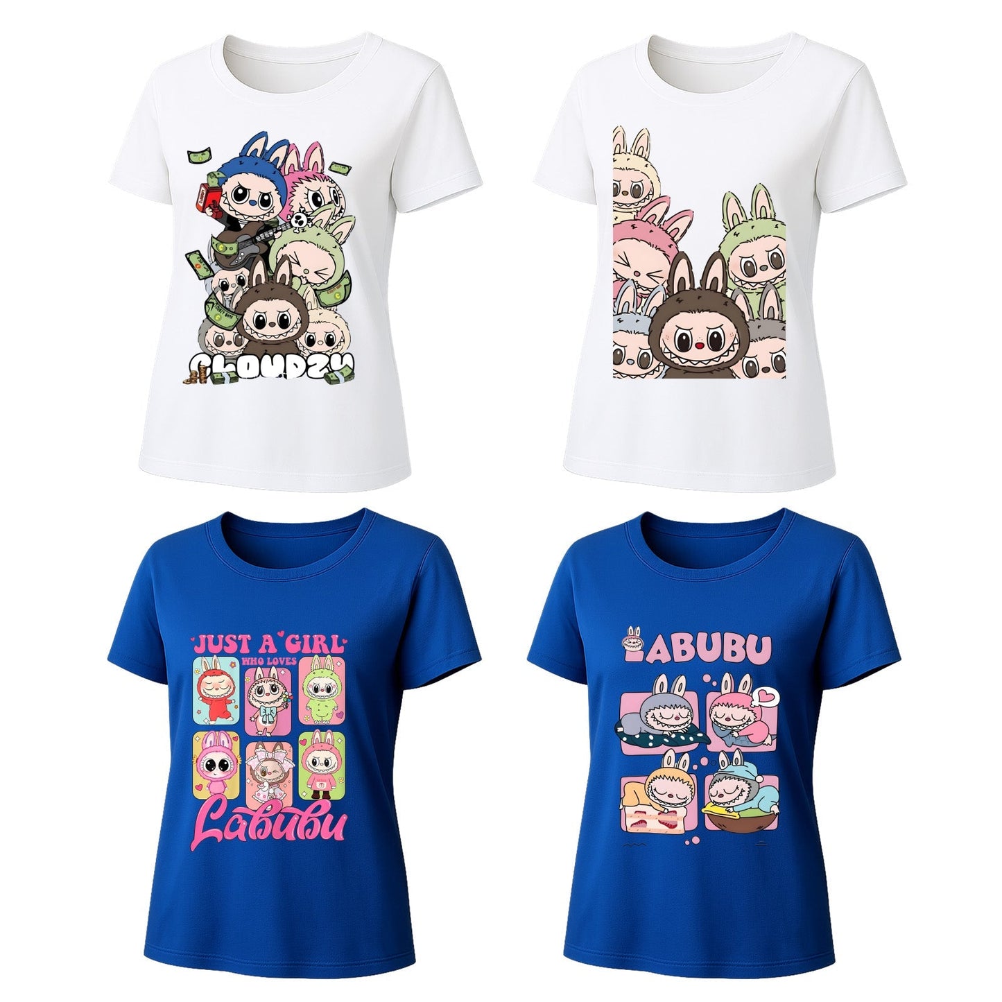 Labubu Graphic T-Shirts 4 Pack, Loose Fit Short Sleeve Tees with 4 Designs for Labubu Lover