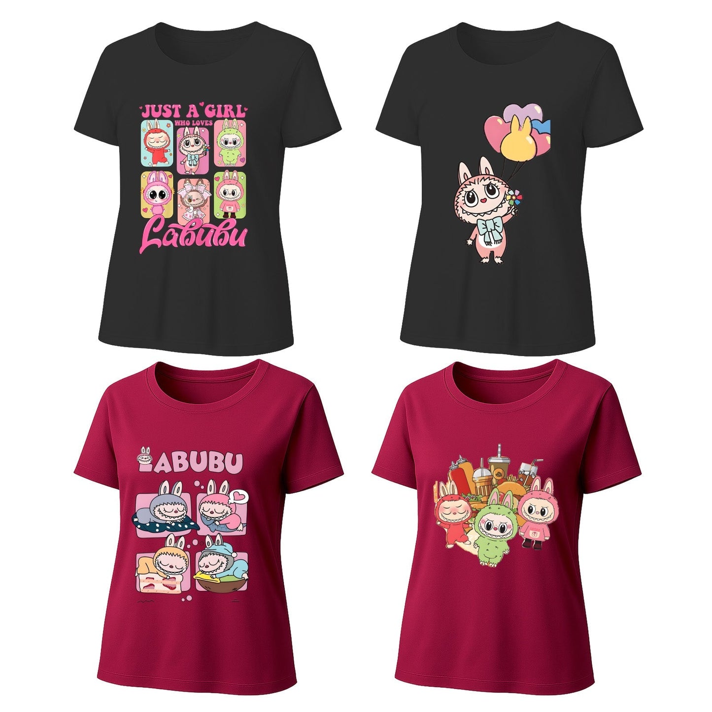 Labubu T-Shirt 4 Pack, Short Sleeve Crew Neck Tees, Summer Graphic Tops for Women, Unisex S-3XL