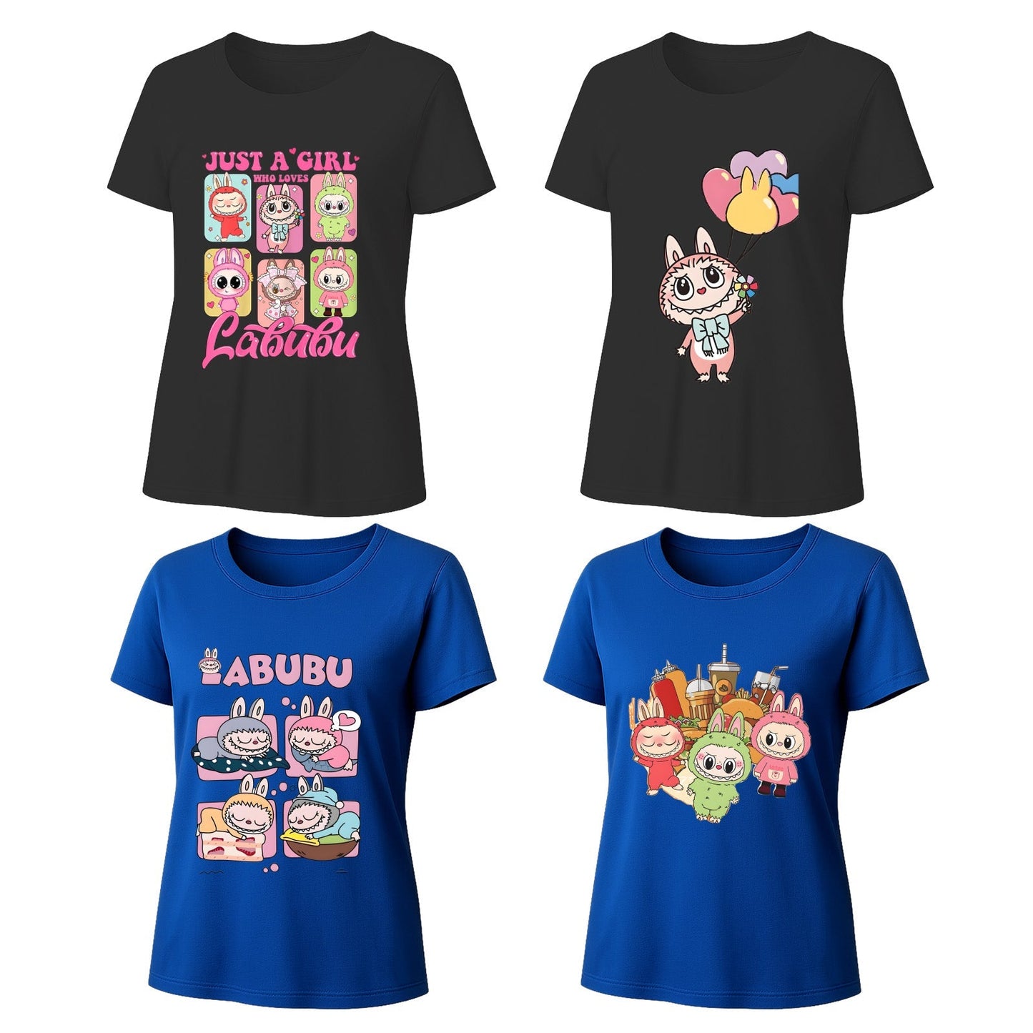 Labubu T-Shirt 4 Pack, Short Sleeve Crew Neck Tees, Summer Graphic Tops for Women, Unisex S-3XL