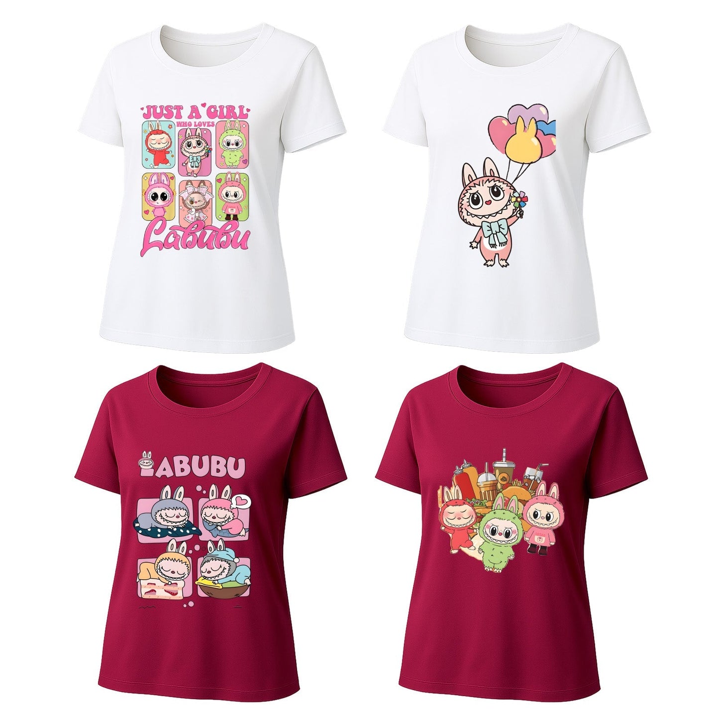 Labubu T-Shirt 4 Pack, Short Sleeve Crew Neck Tees, Summer Graphic Tops for Women, Unisex S-3XL