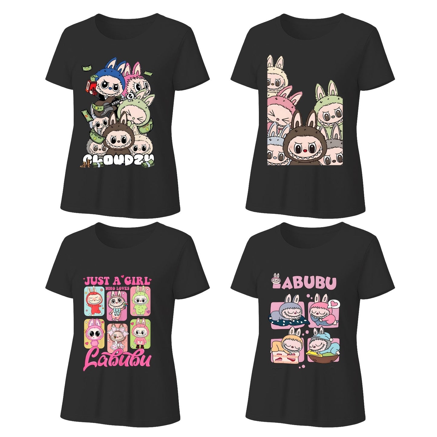 Labubu Graphic T-Shirts 4 Pack, Loose Fit Short Sleeve Tees with 4 Designs for Labubu Lover
