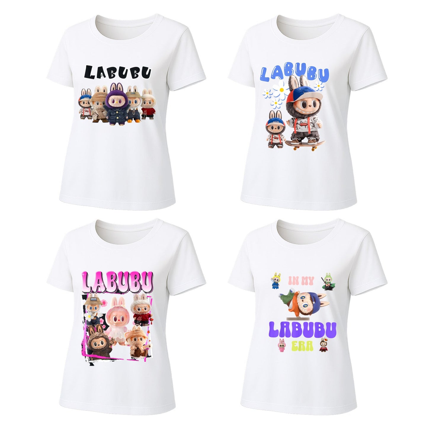 4 Pack 4 Labubu Graphic T-Shirts Loose Fit Short Sleeve Tees For Labubu Lover