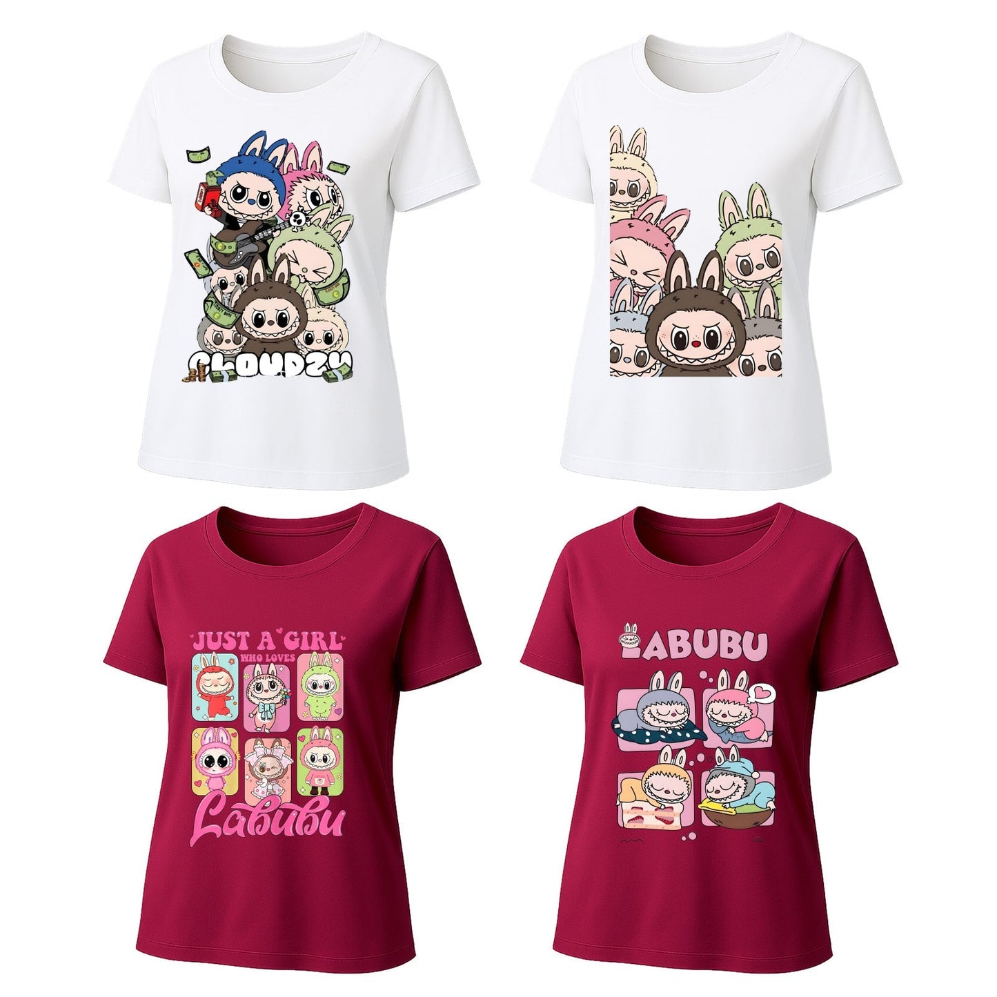 Labubu Graphic T-Shirts 4 Pack, Loose Fit Short Sleeve Tees with 4 Designs for Labubu Lover