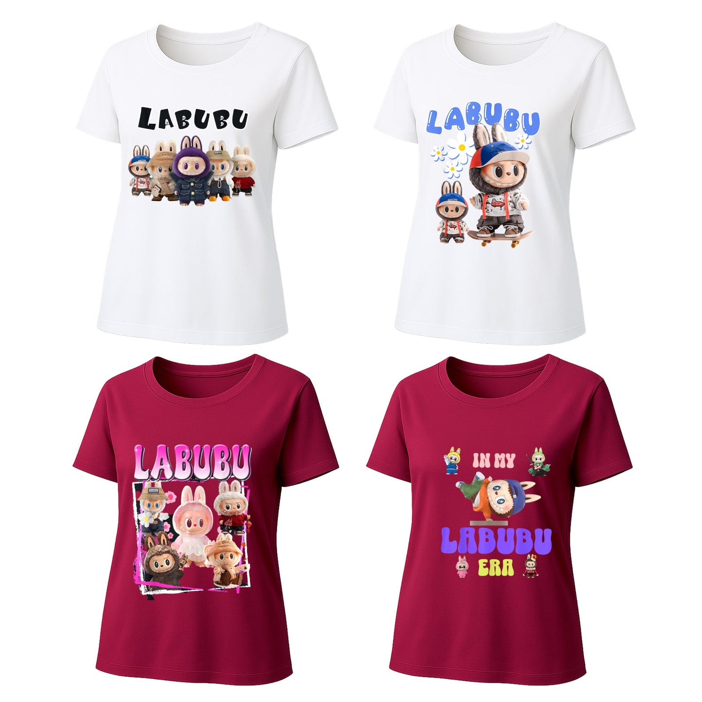 4 Pack 4 Labubu Graphic T-Shirts Loose Fit Short Sleeve Tees For Labubu Lover