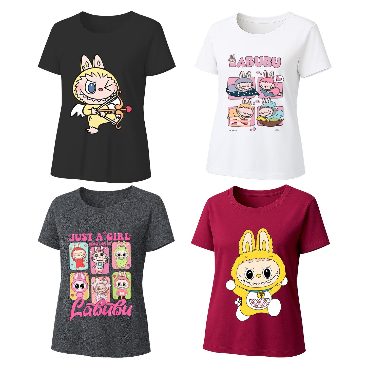 Camisetas gráficas de 4 paquete Labubu, camisetas de manga corta de ajuste suelto con 4 diseños para Labubu Lover