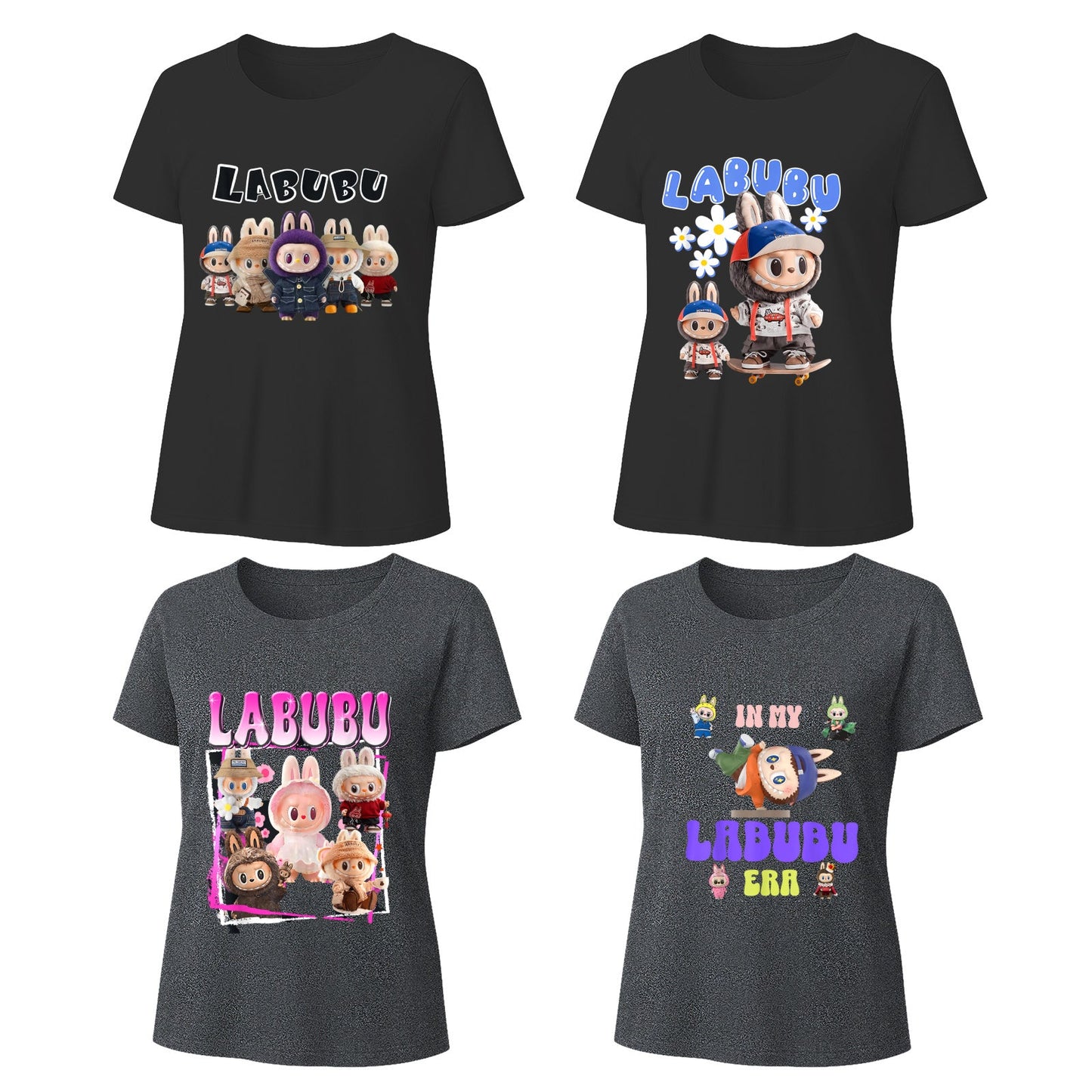 4 Pack 4 Labubu Graphic T-Shirts Loose Fit Short Sleeve Tees For Labubu Lover