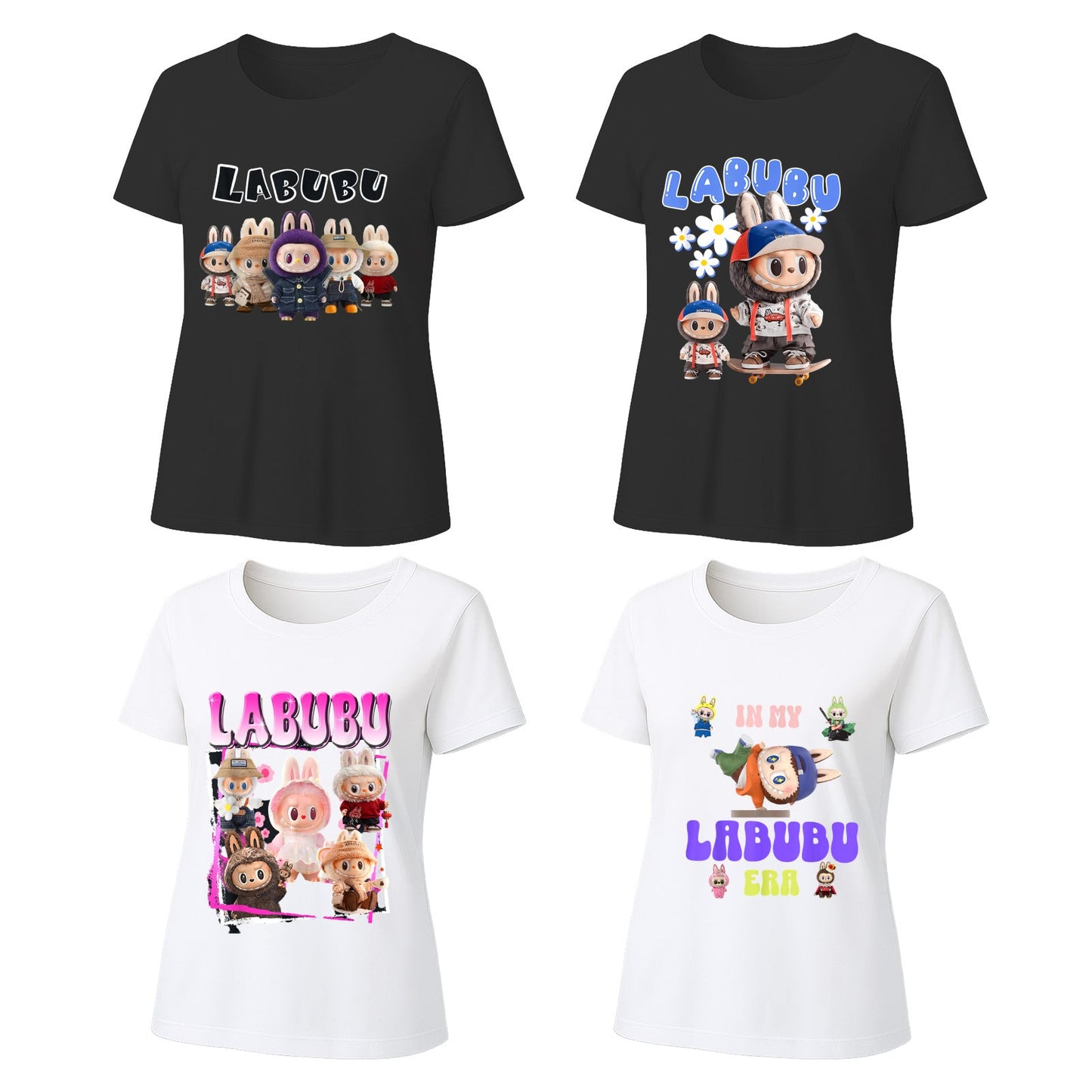 4 Pack 4 Labubu Graphic T-Shirts Loose Fit Short Sleeve Tees For Labubu Lover