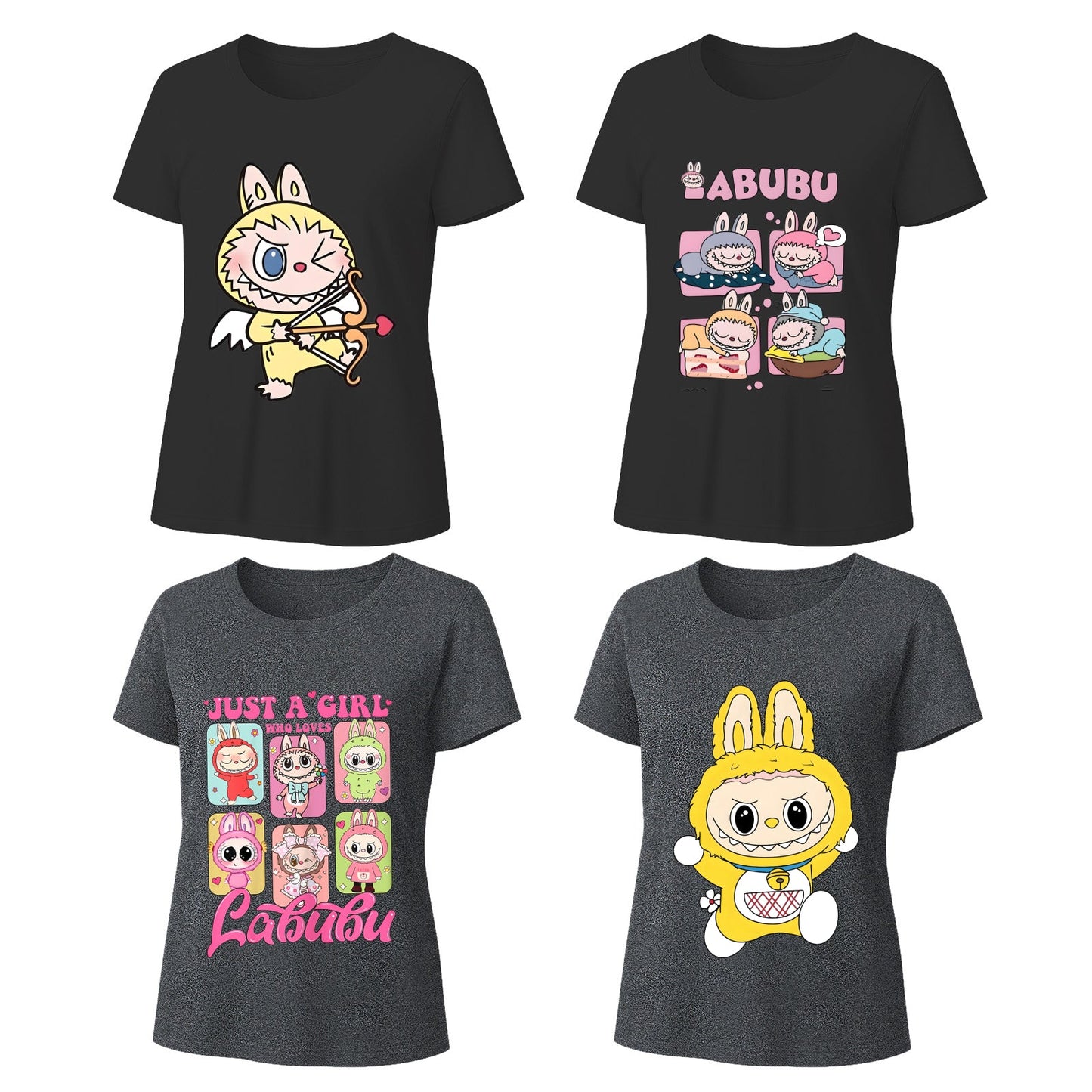 Camisetas gráficas de 4 paquete Labubu, camisetas de manga corta de ajuste suelto con 4 diseños para Labubu Lover