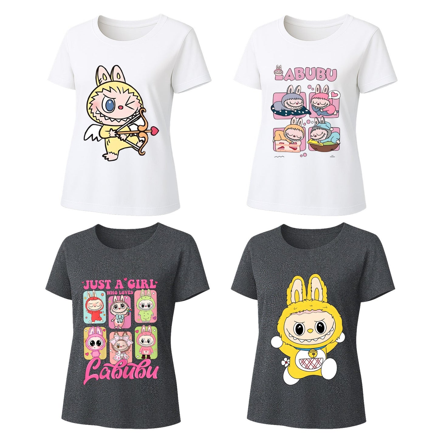 Camisetas gráficas de 4 paquete Labubu, camisetas de manga corta de ajuste suelto con 4 diseños para Labubu Lover