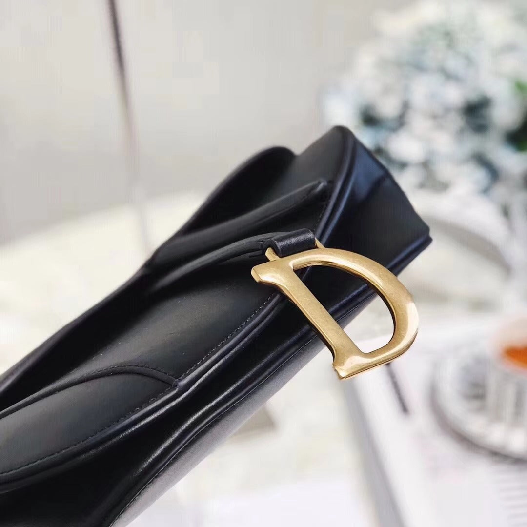 luxury Vintage Ostrich Black Leather Saddle Bag With Gold Ornaments