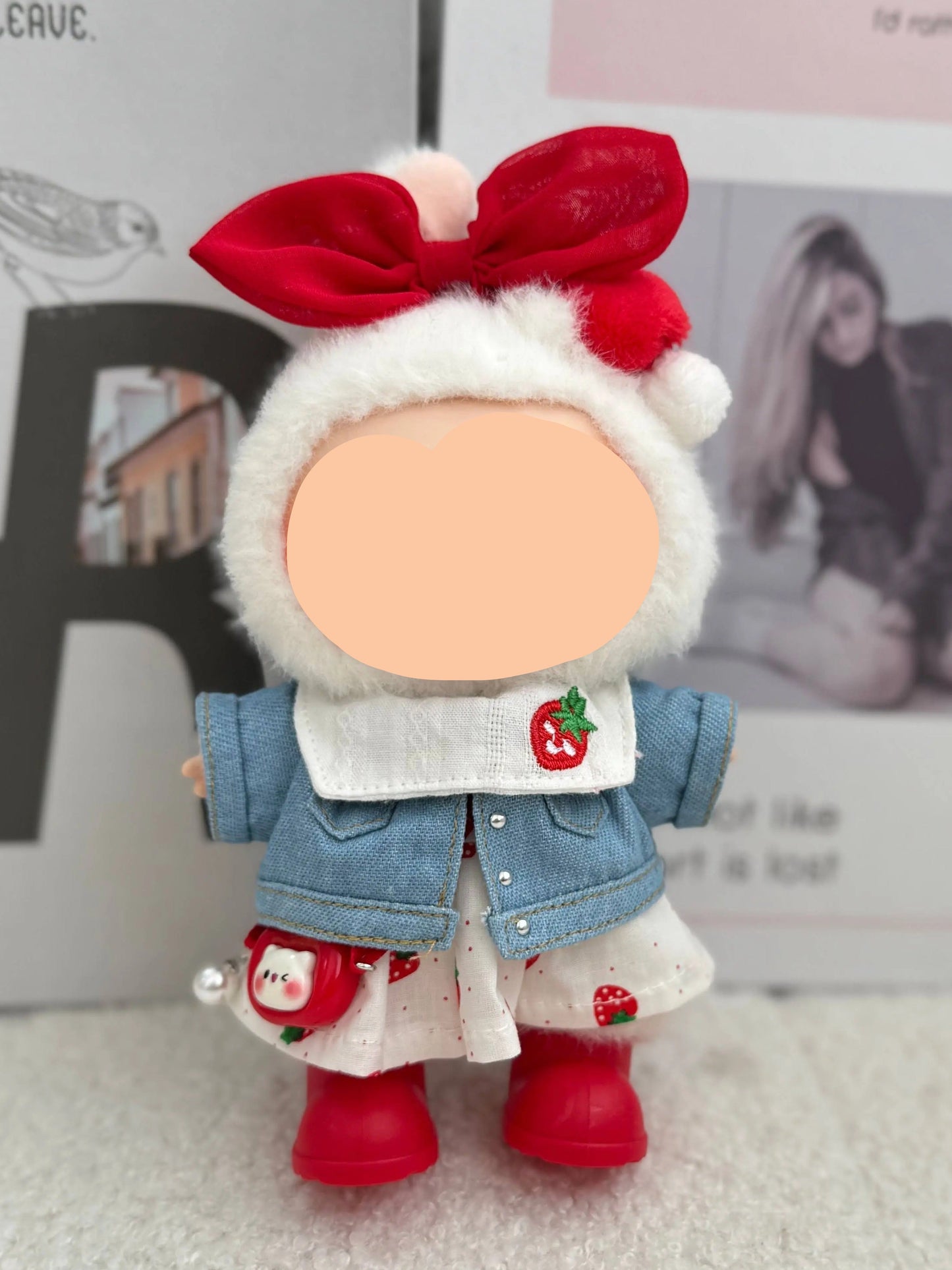 Labubo Clothing Keychain Labubo Clothes Denim jacket + strawberry skirt + hair bow Macaron Clothes for Labubo