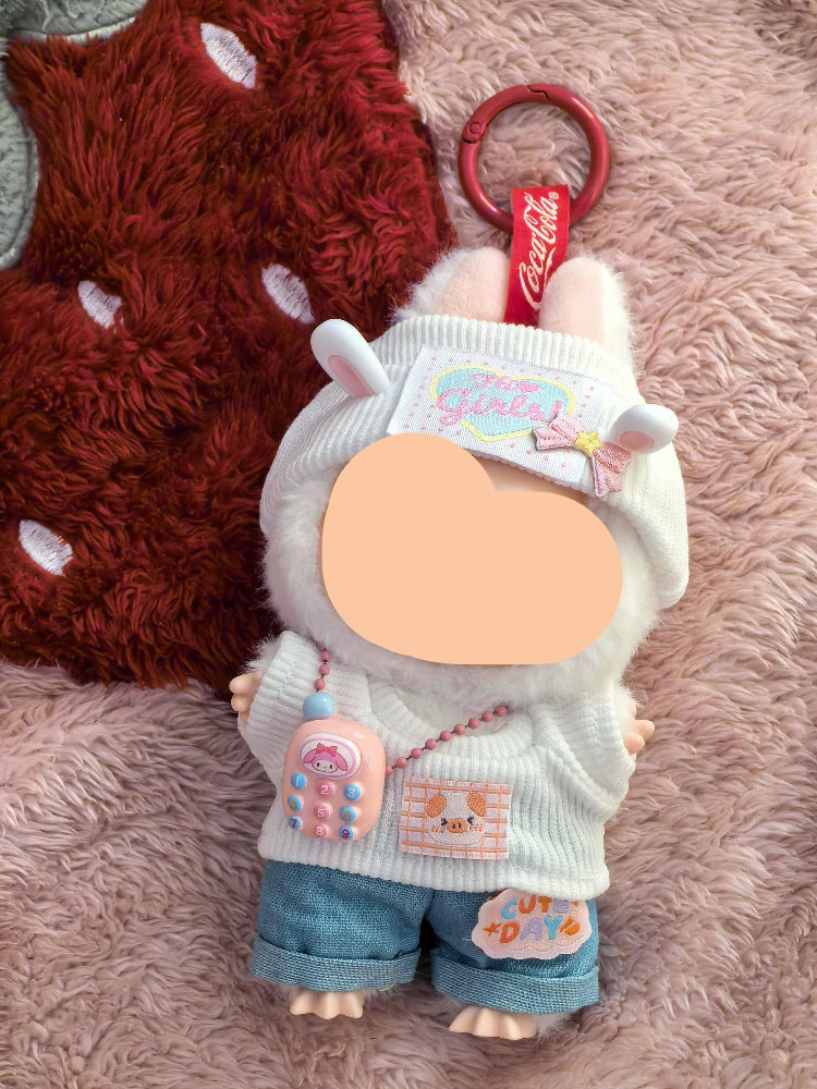 Winter Labubo Outfits White top + Jeans Accessories Style Labubo Outfit Keychain Labubo Clothing
