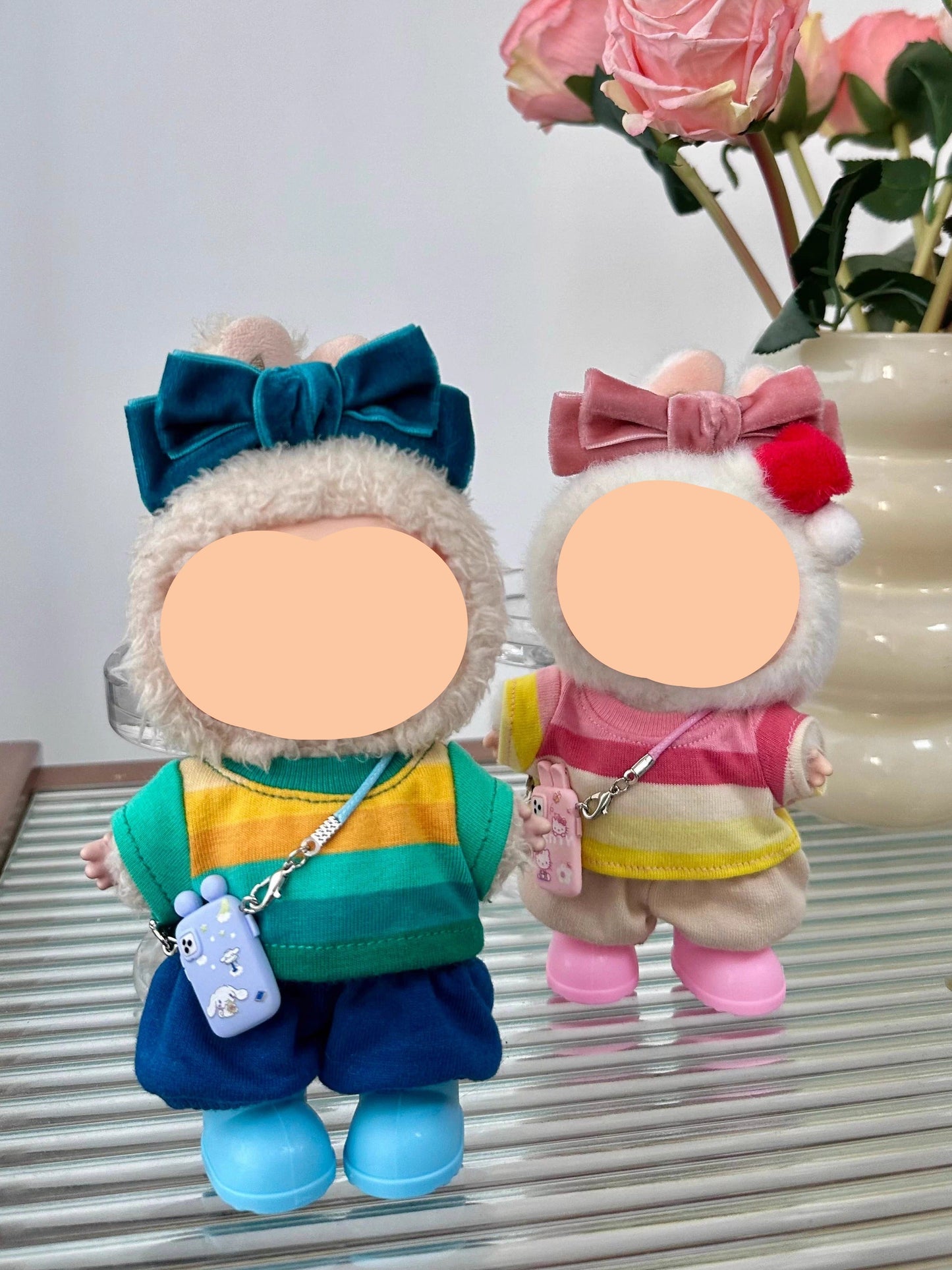 Summer Labubo Outfits Pink Striped Shirt + Accessories Fashion Labubo Outfit Keychain Labubo Clothing