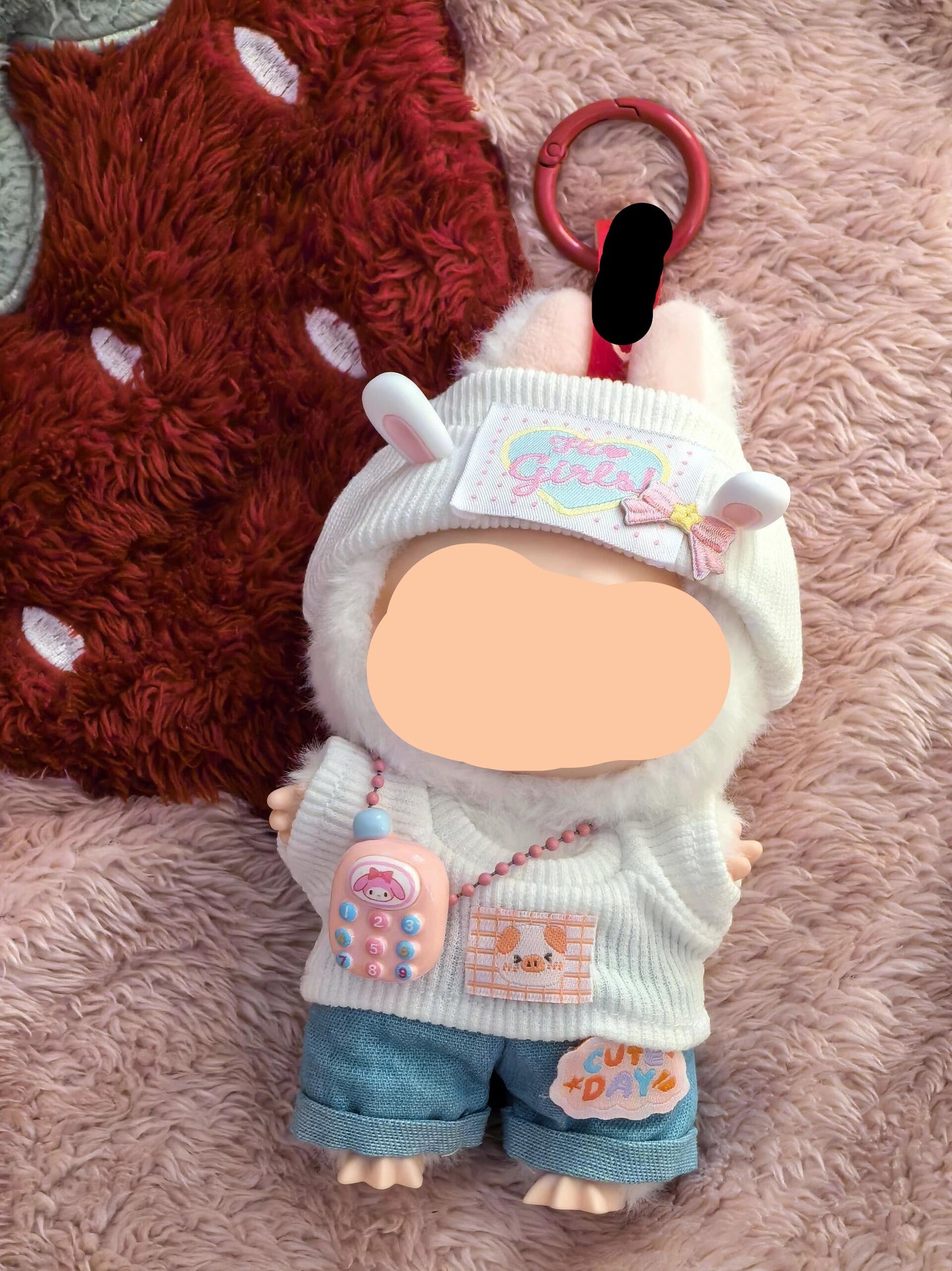 Winter Labubo Outfits White top + Jeans Accessories Style Labubo Outfit Keychain Labubo Clothing