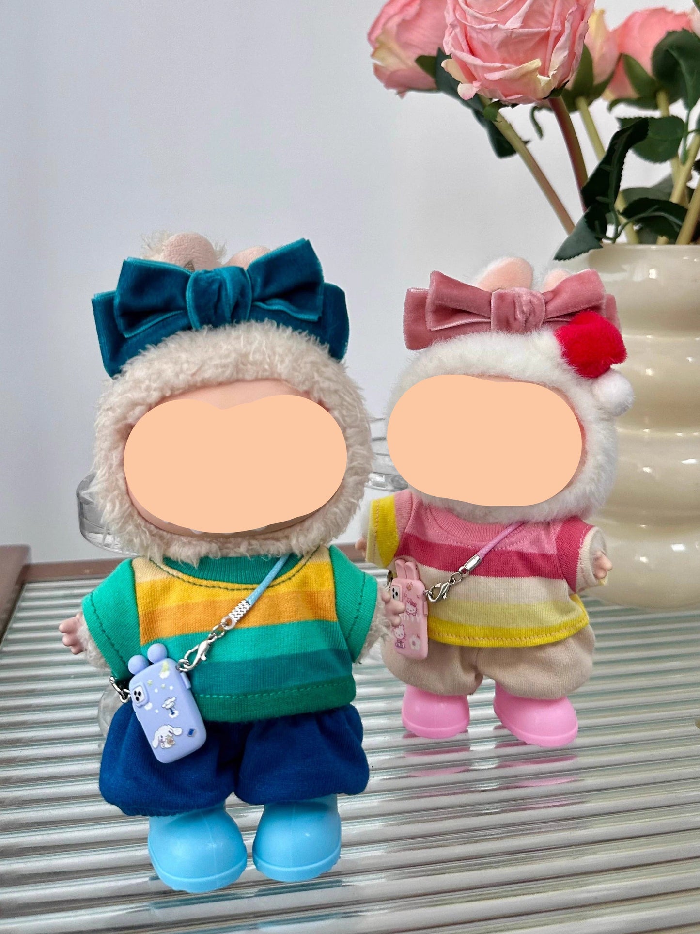 Summer Labubo Outfits Pink Striped Shirt + Accessories Fashion Labubo Outfit Keychain Labubo Clothing