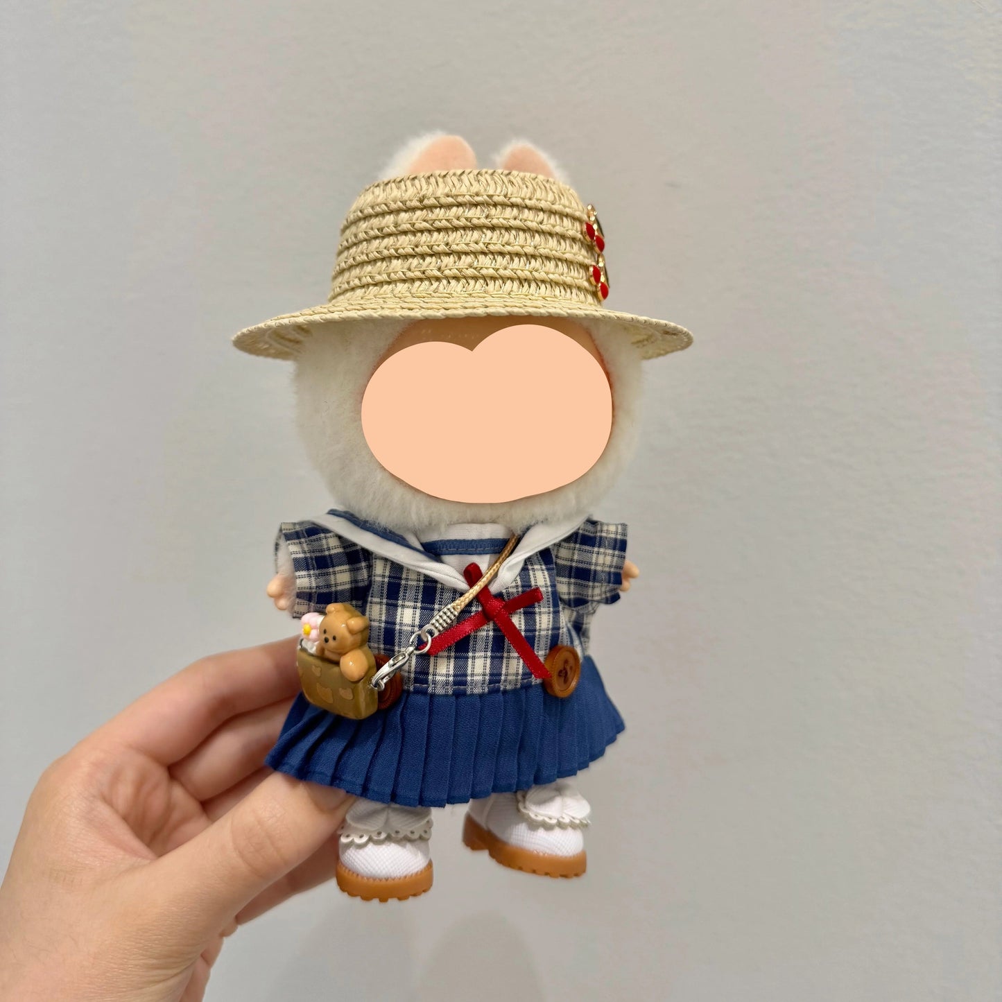 Summer Labubo Outfits Plaid Skirt + Straw Hat Accessories Fashion Labubo Outfit Keychain Labubo Clothing