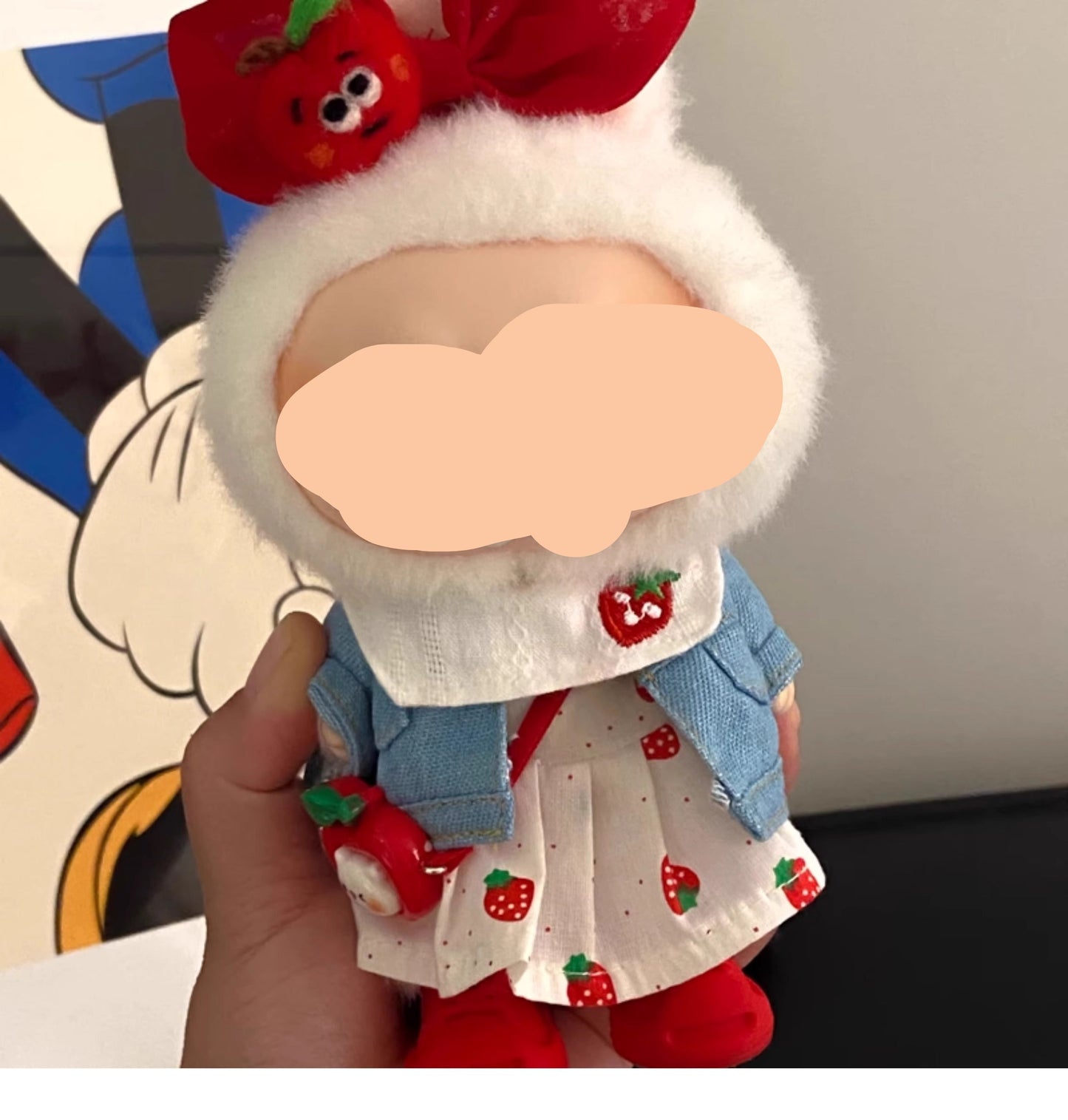 Labubo Clothing Keychain Labubo Clothes Denim jacket + strawberry skirt + hair bow Macaron Clothes for Labubo