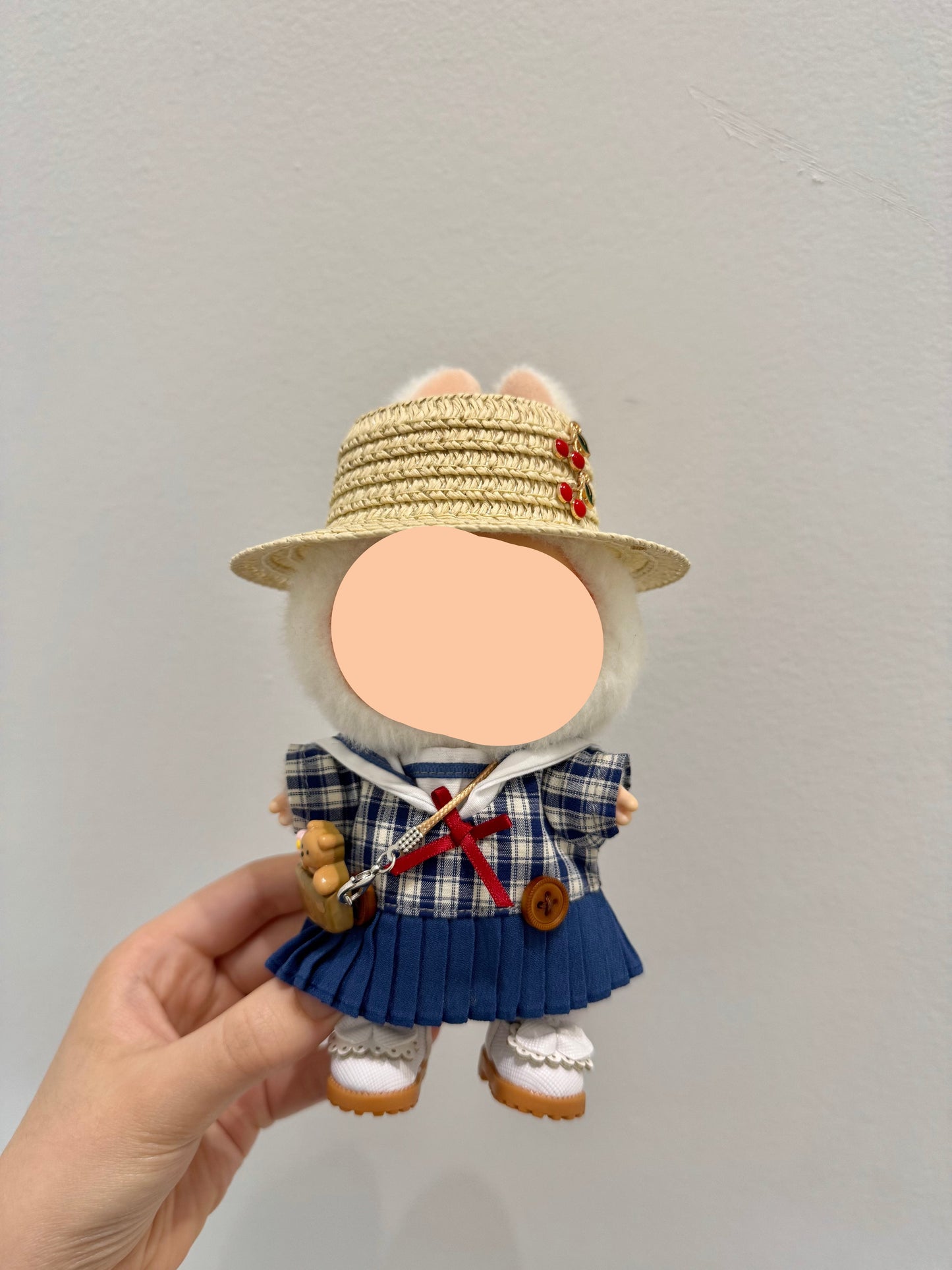 Summer Labubo Outfits Plaid Skirt + Straw Hat Accessories Fashion Labubo Outfit Keychain Labubo Clothing