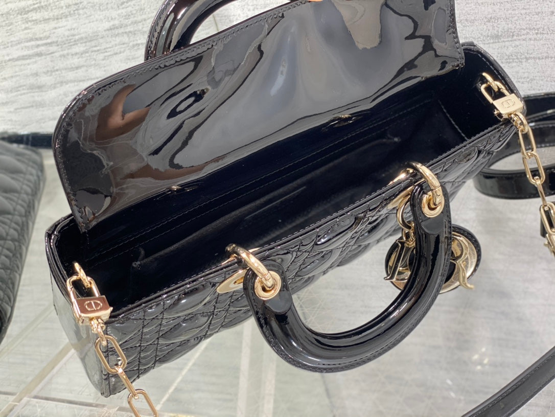 luxury Lady D-Joy Medium Patent Black Leather Bag - 26x6x14cm
