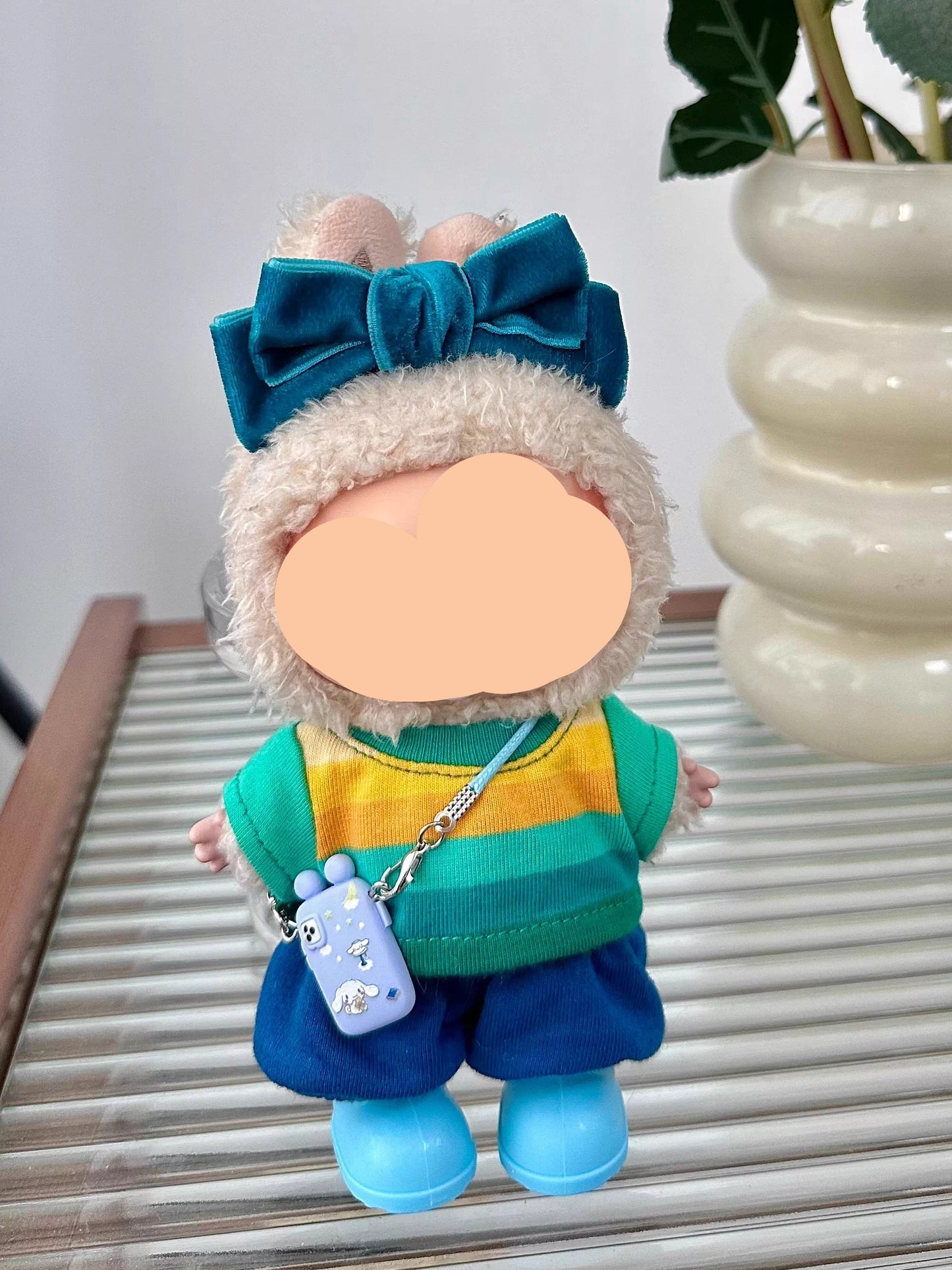 Summer Labubo Outfits Pink Striped Shirt + Accessories Fashion Labubo Outfit Keychain Labubo Clothing