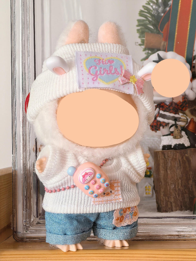Winter Labubo Outfits White top + Jeans Accessories Style Labubo Outfit Keychain Labubo Clothing