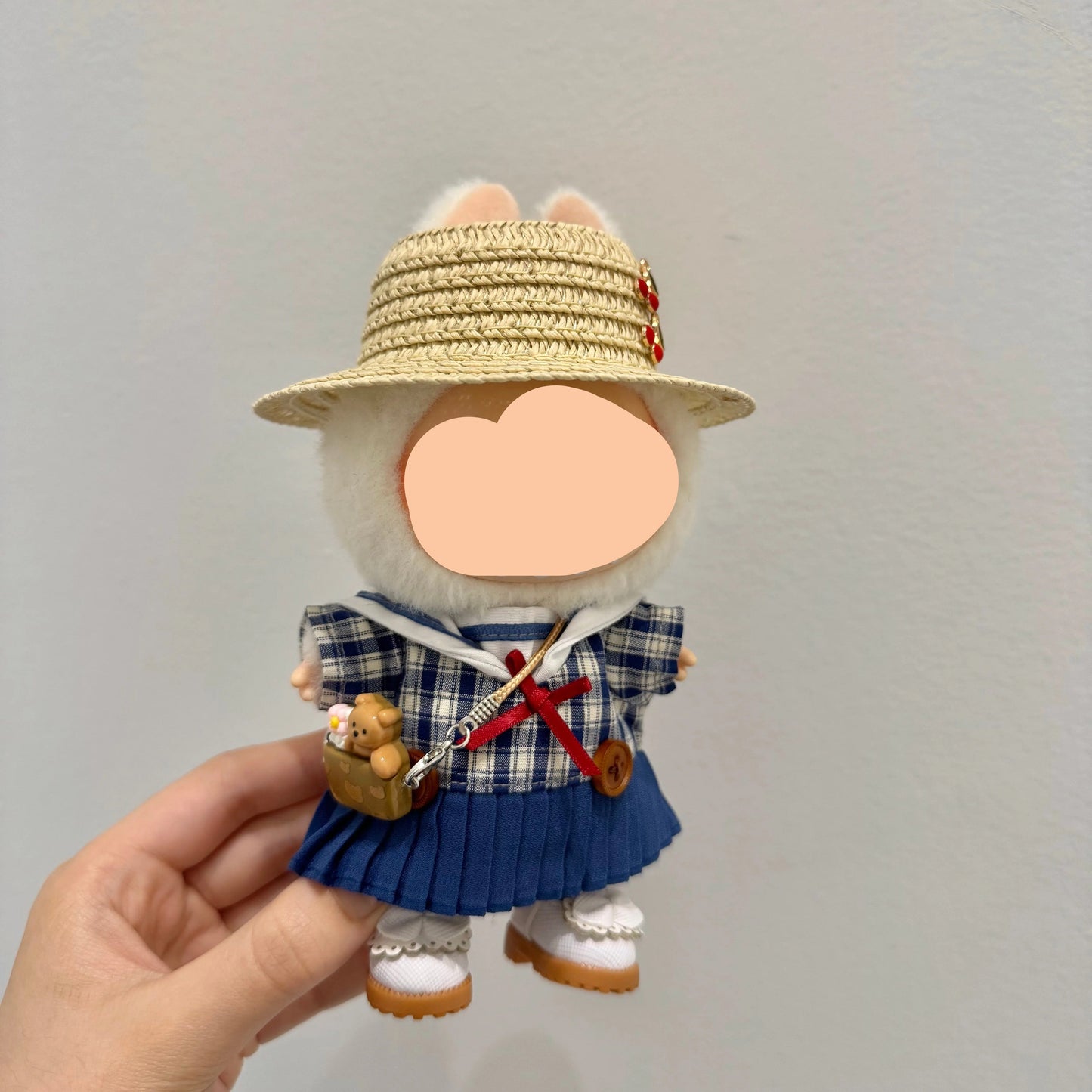 Summer Labubo Outfits Plaid Skirt + Straw Hat Accessories Fashion Labubo Outfit Keychain Labubo Clothing