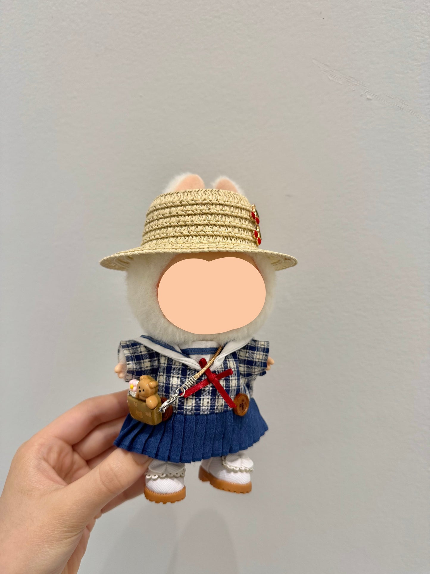 Summer Labubo Outfits Plaid Skirt + Straw Hat Accessories Fashion Labubo Outfit Keychain Labubo Clothing