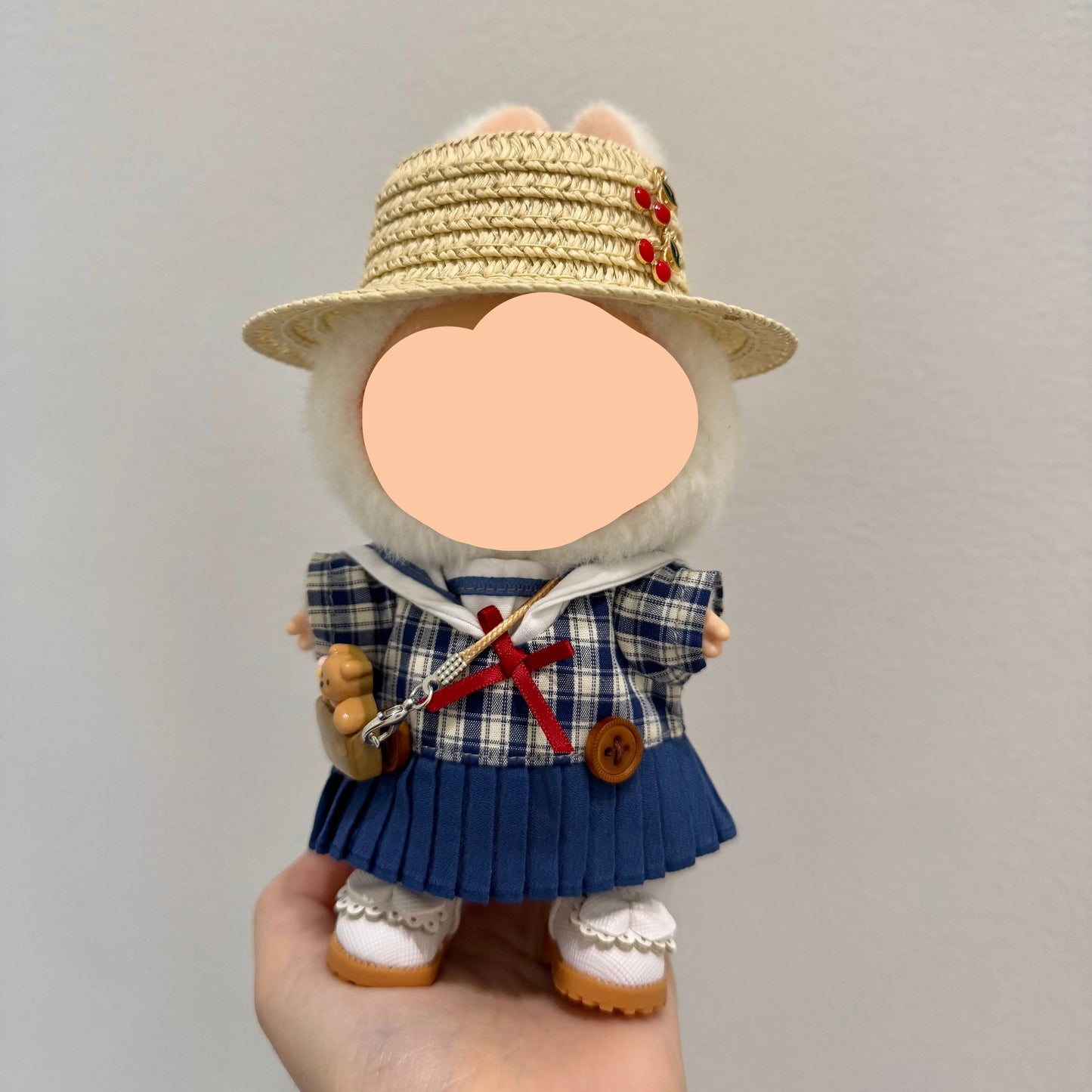 Summer Labubo Outfits Plaid Skirt + Straw Hat Accessories Fashion Labubo Outfit Keychain Labubo Clothing