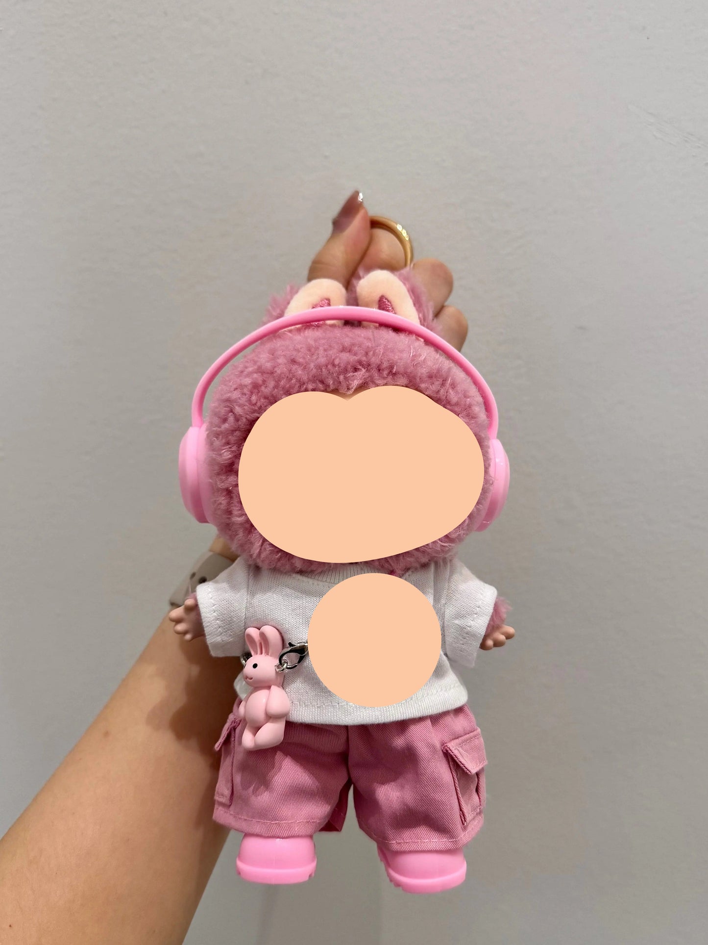 Clothes Labubo headphones + white T-shirt + pink overalls Keychain Labubo Clothing Macaron Clothes for Labubo