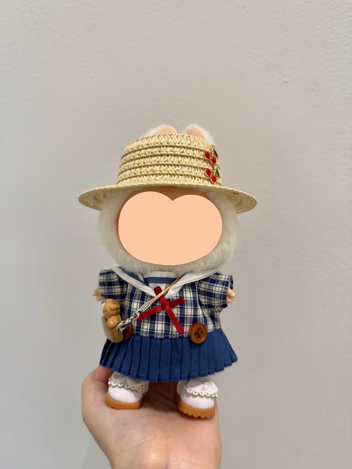 Summer Labubo Outfits Plaid Skirt + Straw Hat Accessories Fashion Labubo Outfit Keychain Labubo Clothing