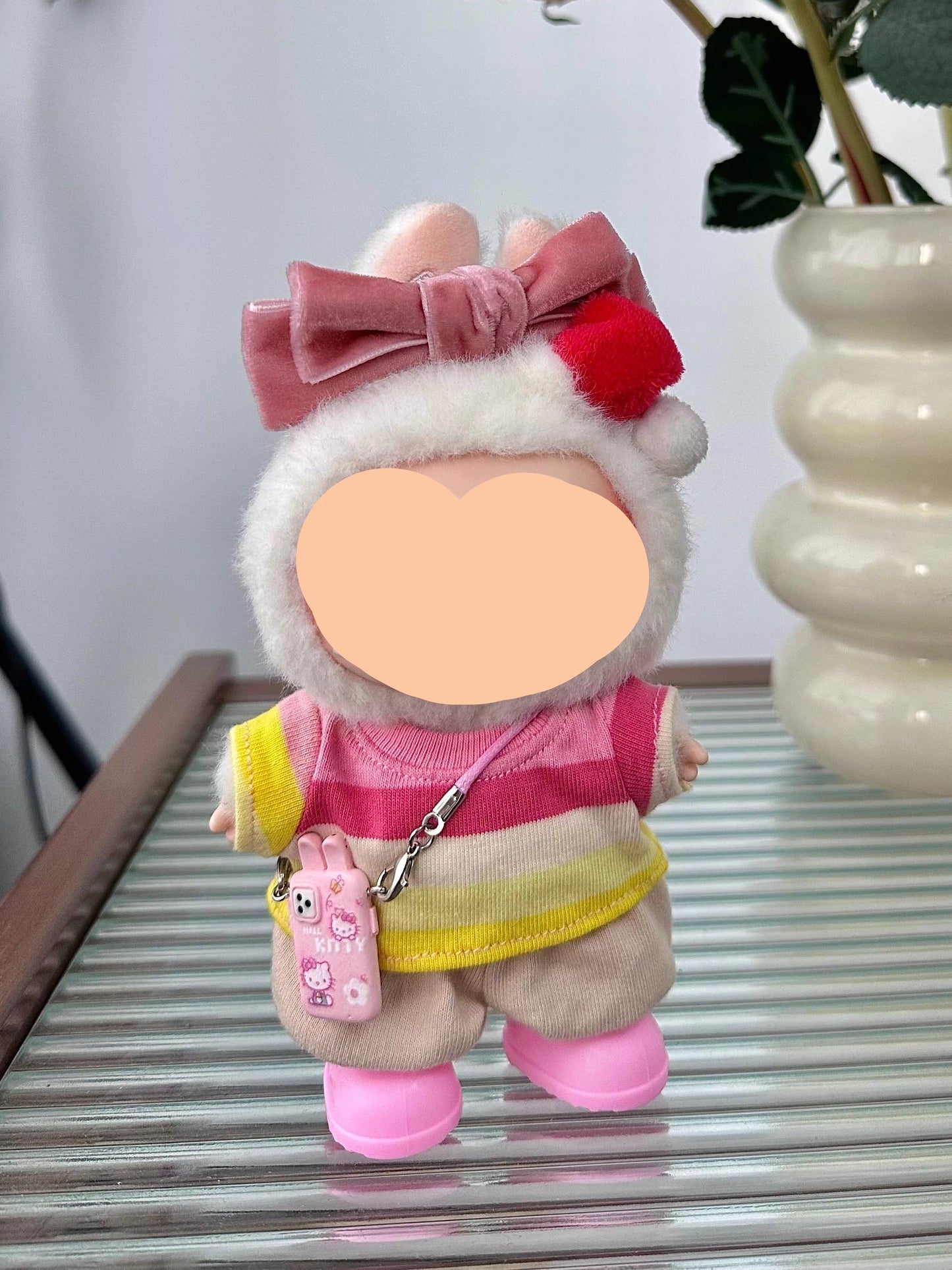 Summer Labubo Outfits Pink Striped Shirt + Accessories Fashion Labubo Outfit Keychain Labubo Clothing
