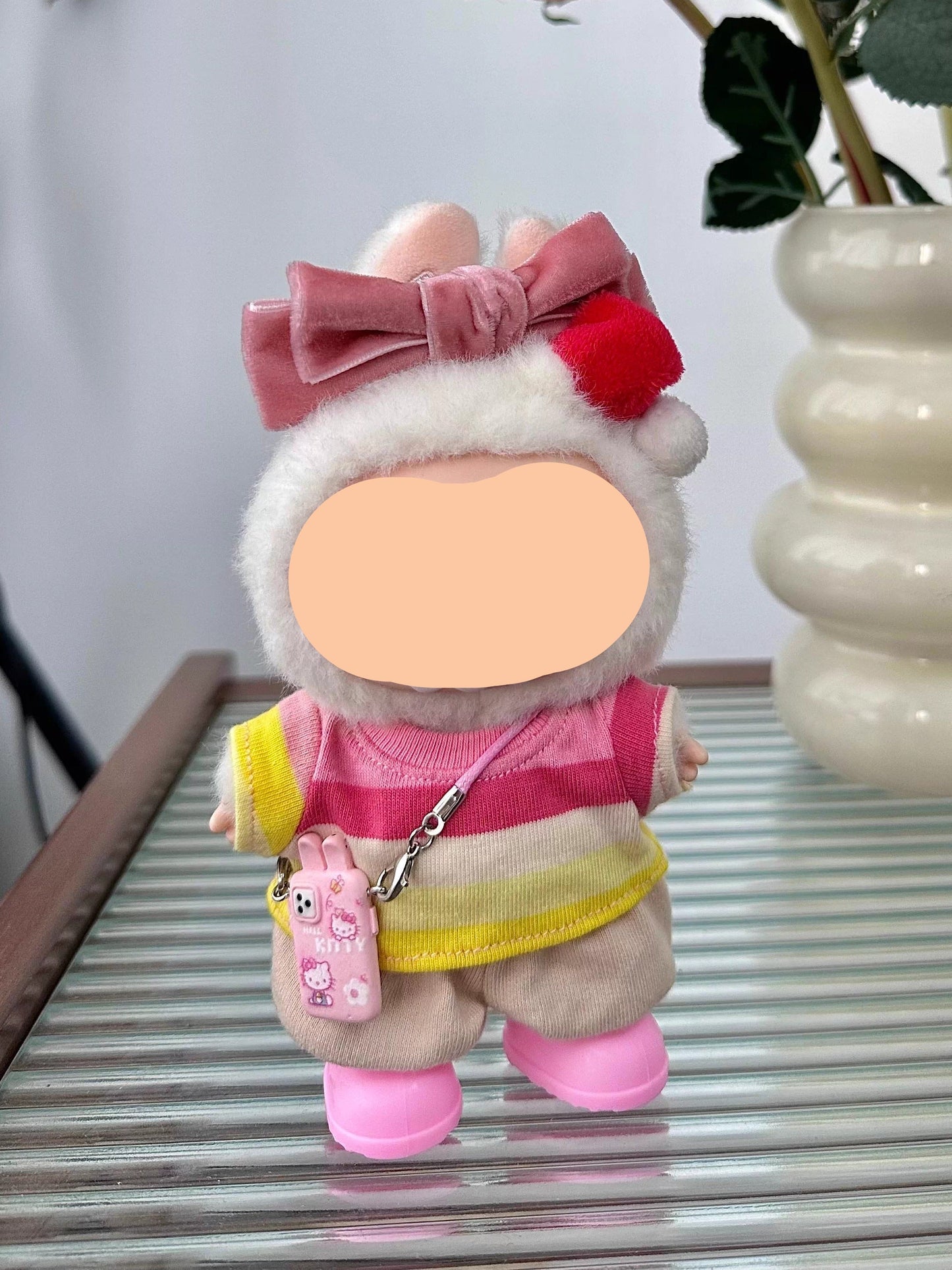 Summer Labubo Outfits Pink Striped Shirt + Accessories Fashion Labubo Outfit Keychain Labubo Clothing