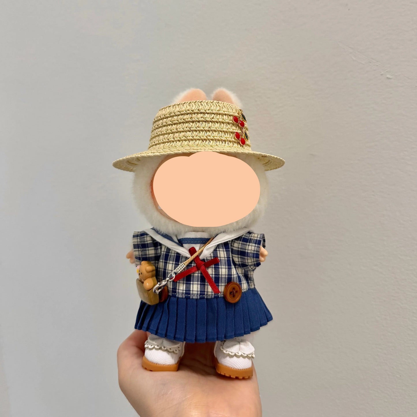 Summer Labubo Outfits Plaid Skirt + Straw Hat Accessories Fashion Labubo Outfit Keychain Labubo Clothing