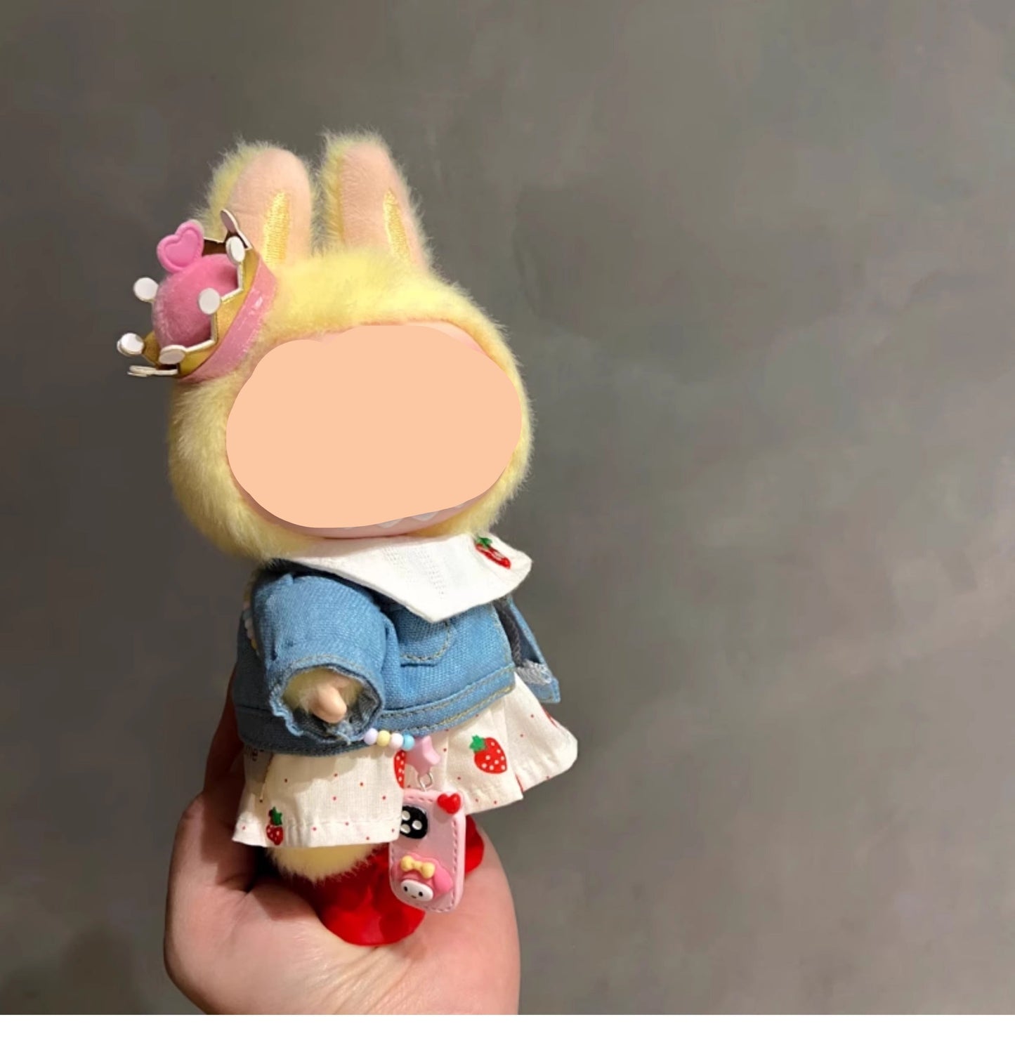 Labubo Clothing Keychain Labubo Clothes Denim jacket + strawberry skirt + hair bow Macaron Clothes for Labubo
