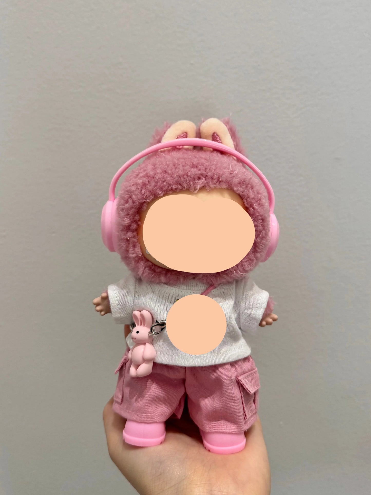 Clothes Labubo headphones + white T-shirt + pink overalls Keychain Labubo Clothing Macaron Clothes for Labubo
