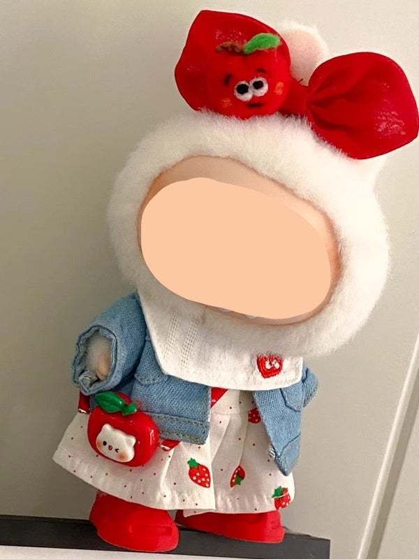 Labubo Clothing Keychain Labubo Clothes Denim jacket + strawberry skirt + hair bow Macaron Clothes for Labubo