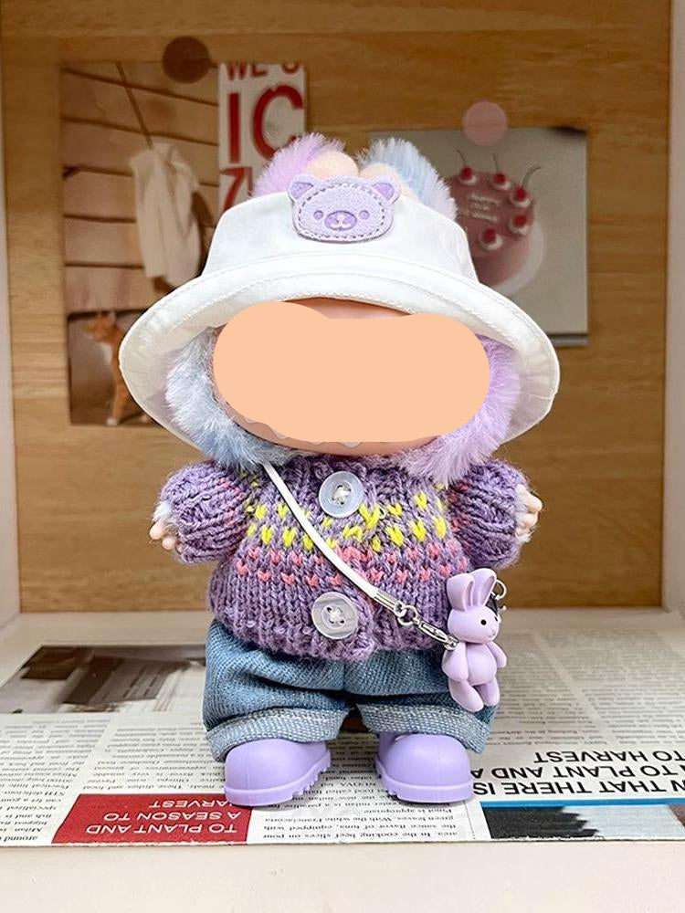Purple headphones + Purple sweater + White pants 17cm Labubo Clothing Have a Seat Labubo Doll Clothes