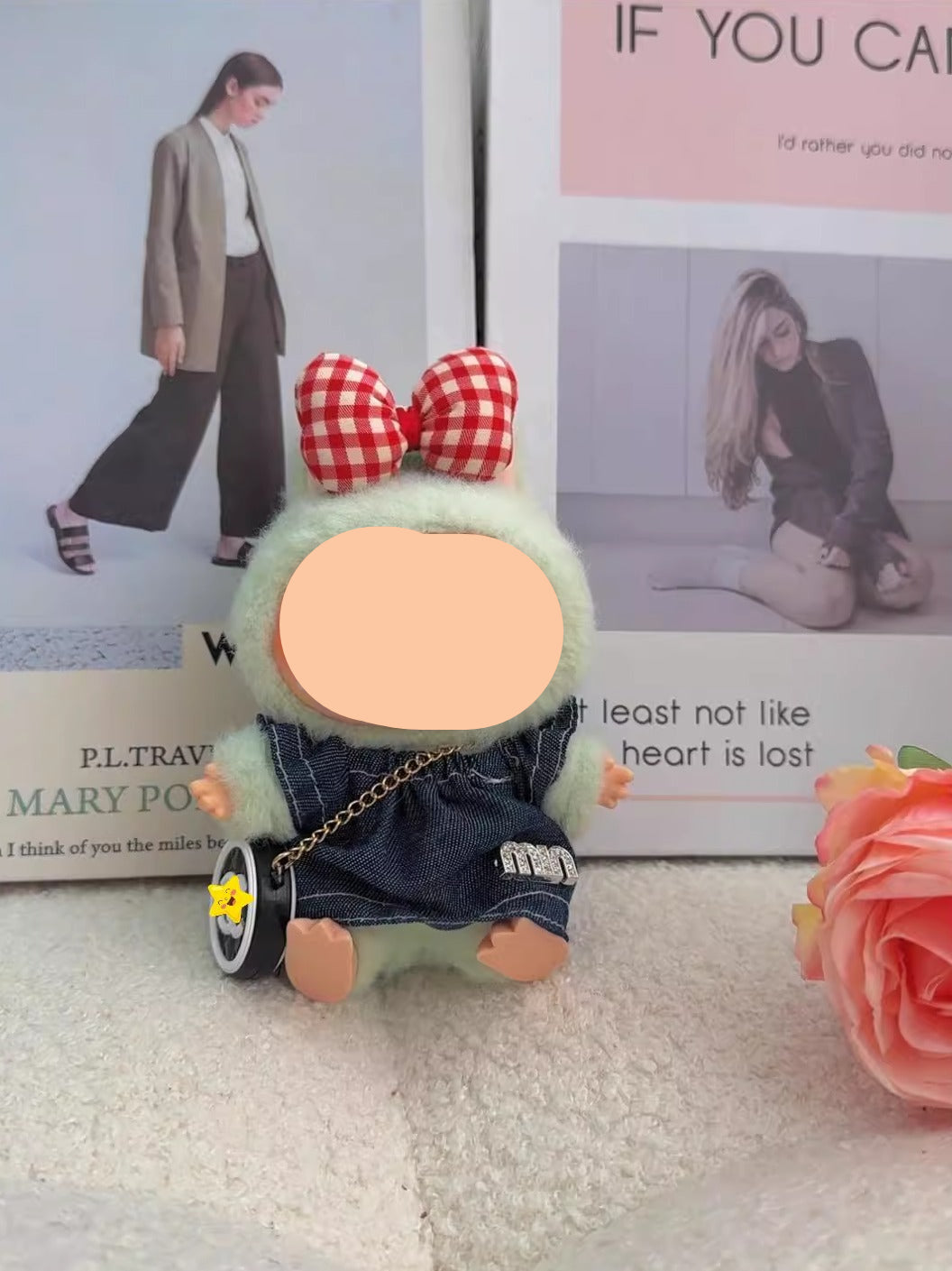 Clothes Labubo Denim top + Hairbow Keychain Labubo Clothing Macaron Clothes for Labubo