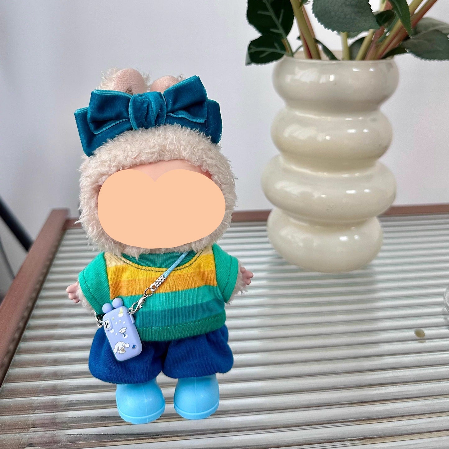 Summer Labubo Outfits Pink Striped Shirt + Accessories Fashion Labubo Outfit Keychain Labubo Clothing