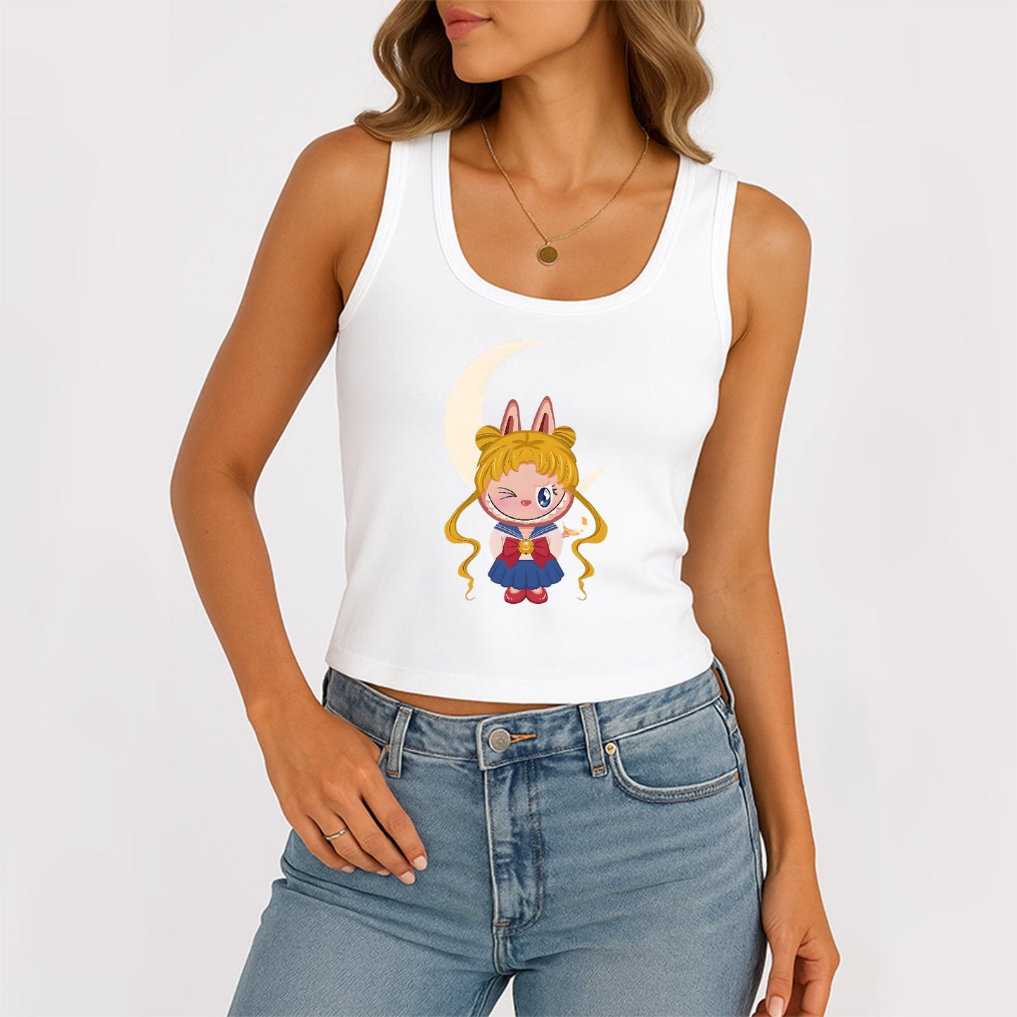 Sailor Moon The Monsters Women's Straepels Scoop Neck Tank acanalado Summer Slim lindo Tops para Labubu Lover