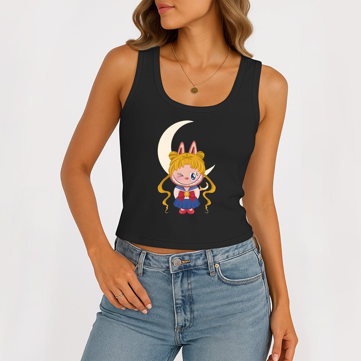 Sailor Moon The Monsters Women's Straepels Scoop Neck Tank acanalado Summer Slim lindo Tops para Labubu Lover