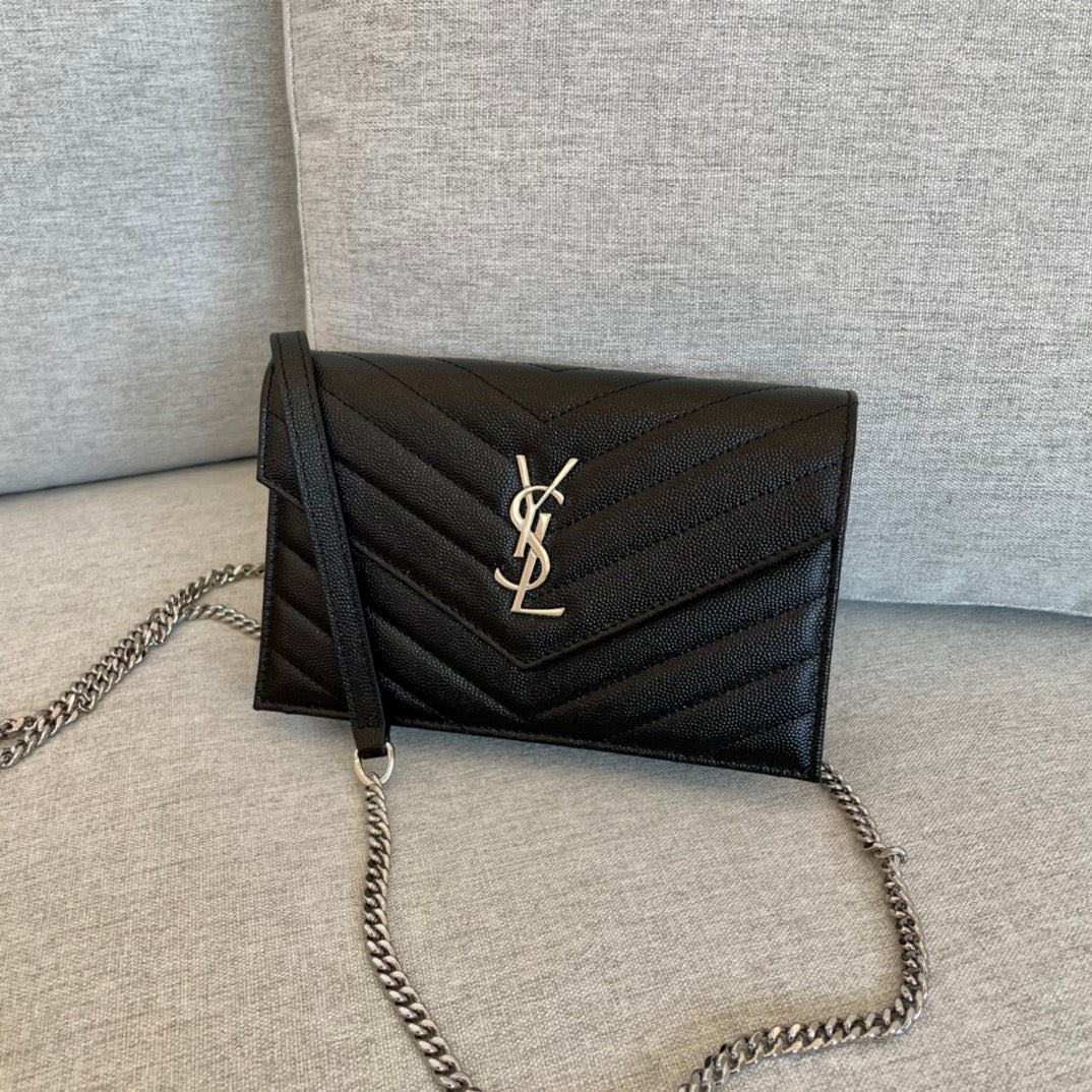 luxury Cassandre Envelope Chain Wallet Black Grain Leather 19x11.5x4 cm