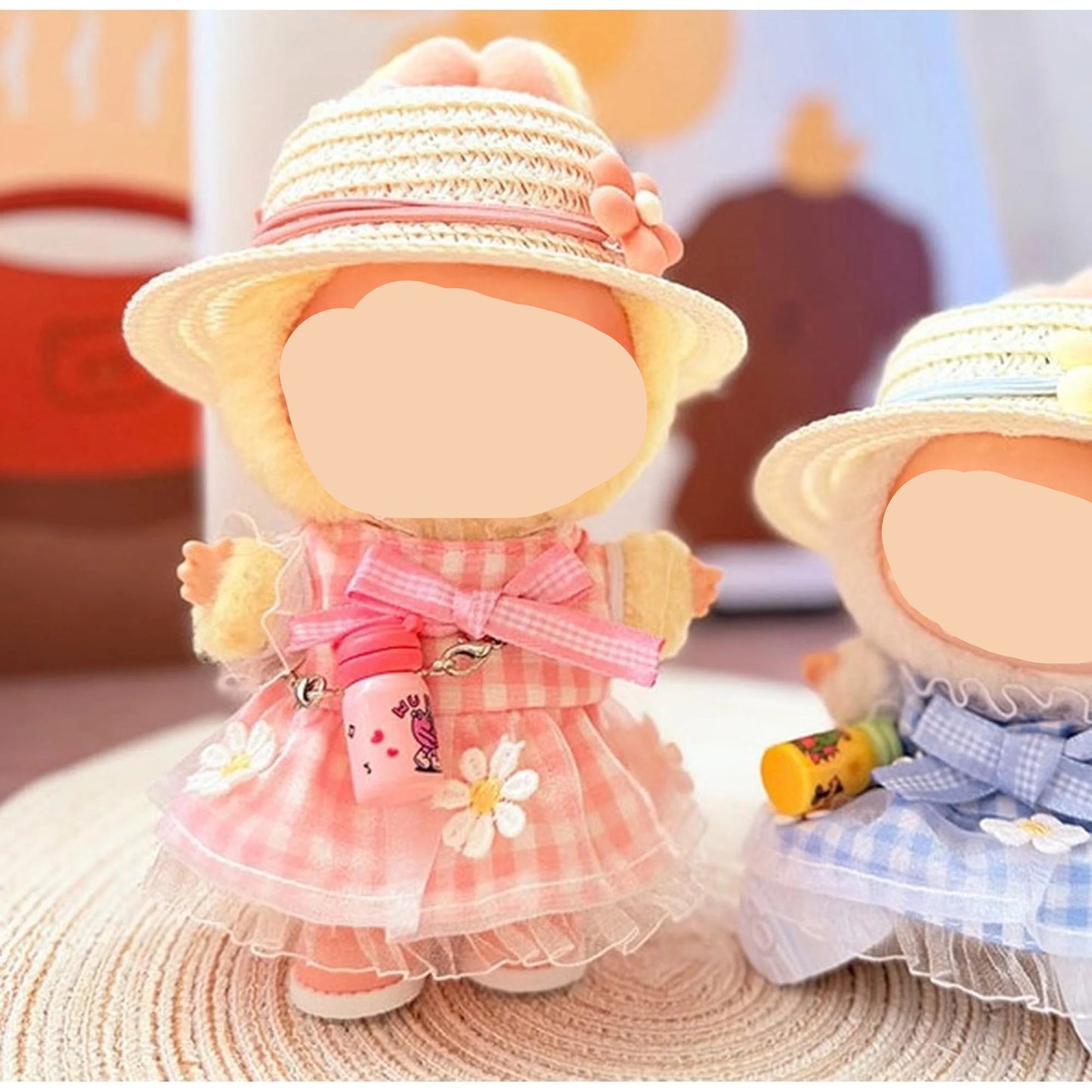 Summer Labubo Clothes Plaided Dress + Straw Hat Girl Labubo Outfits Keychain Labubo Clothing