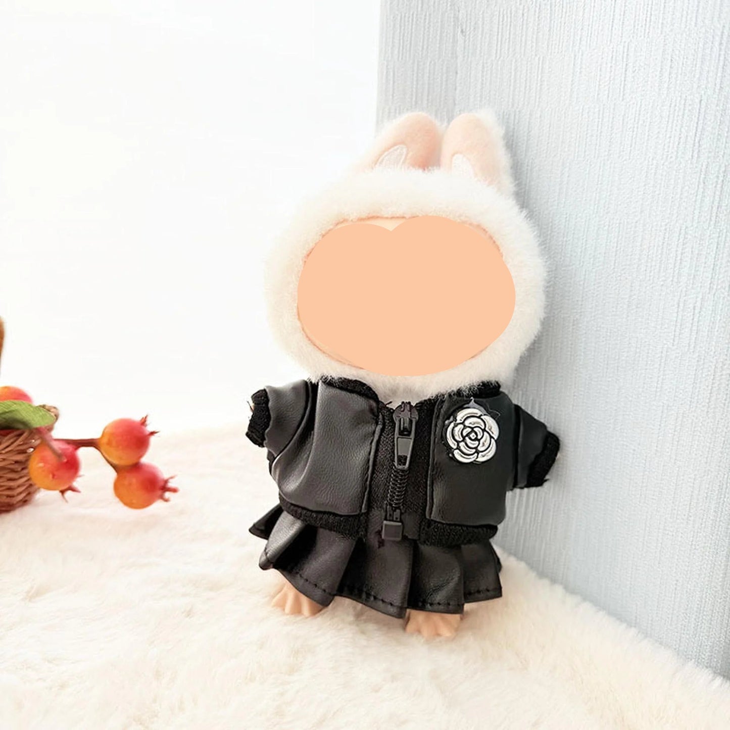 Spring Labubo Clothes Black Leather Jacket + Skirt Labubo Outfits Keychain Labubo Clothing