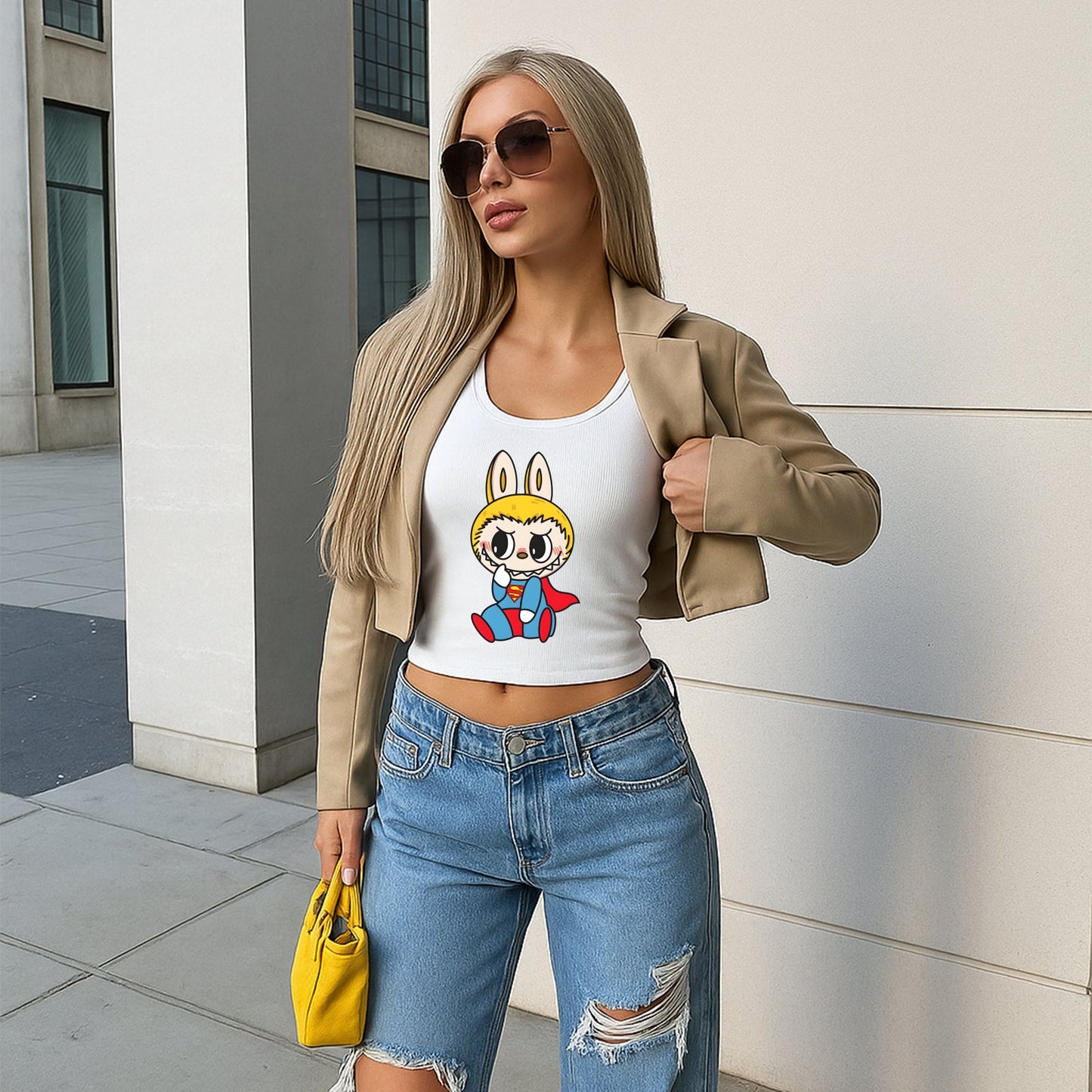Superman Labubu Die Monster Frauen ärmelloses Scoop Hals Rippen Tank Sommer Basic Slim Cute Tops für Labubu Liebhaber