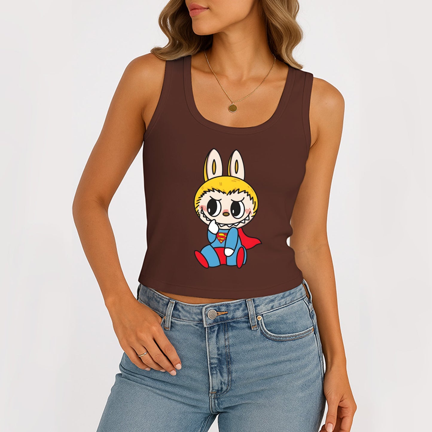 Superman Labubu Die Monster Frauen ärmelloses Scoop Hals Rippen Tank Sommer Basic Slim Cute Tops für Labubu Liebhaber