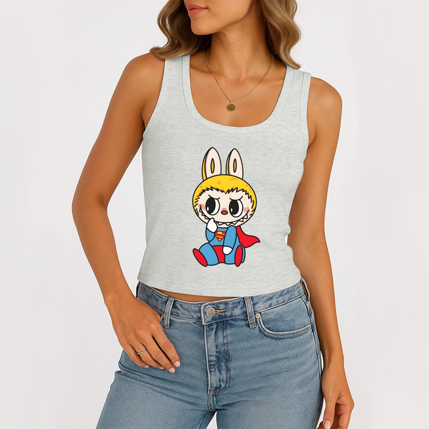 Superman Labubu The Monsters Women's Sleeveless Scoop Neck Ribbed Tank Summer Basic Slim Cute Tops For Labubu Lover