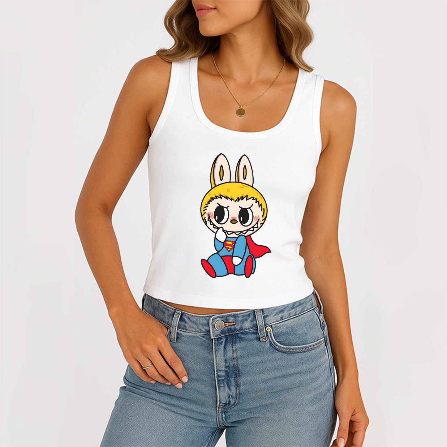 Superman Labubu Die Monster Frauen ärmelloses Scoop Hals Rippen Tank Sommer Basic Slim Cute Tops für Labubu Liebhaber