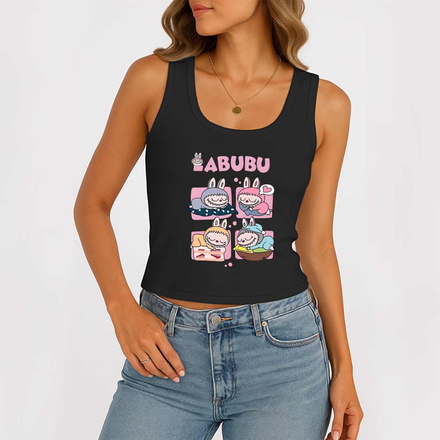 Sleeple Labubu Die Monster Frauen ärmelloses Scoop Hals Rippen Tank Sommer Basic Slim niedliche Tops für Labubu -Liebhaber