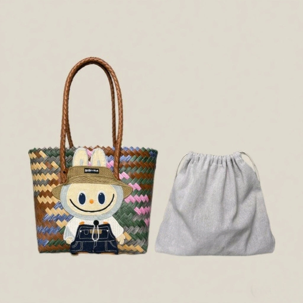 labubu Cute Cartoon Woven Tote Bag with Storage Pouch
